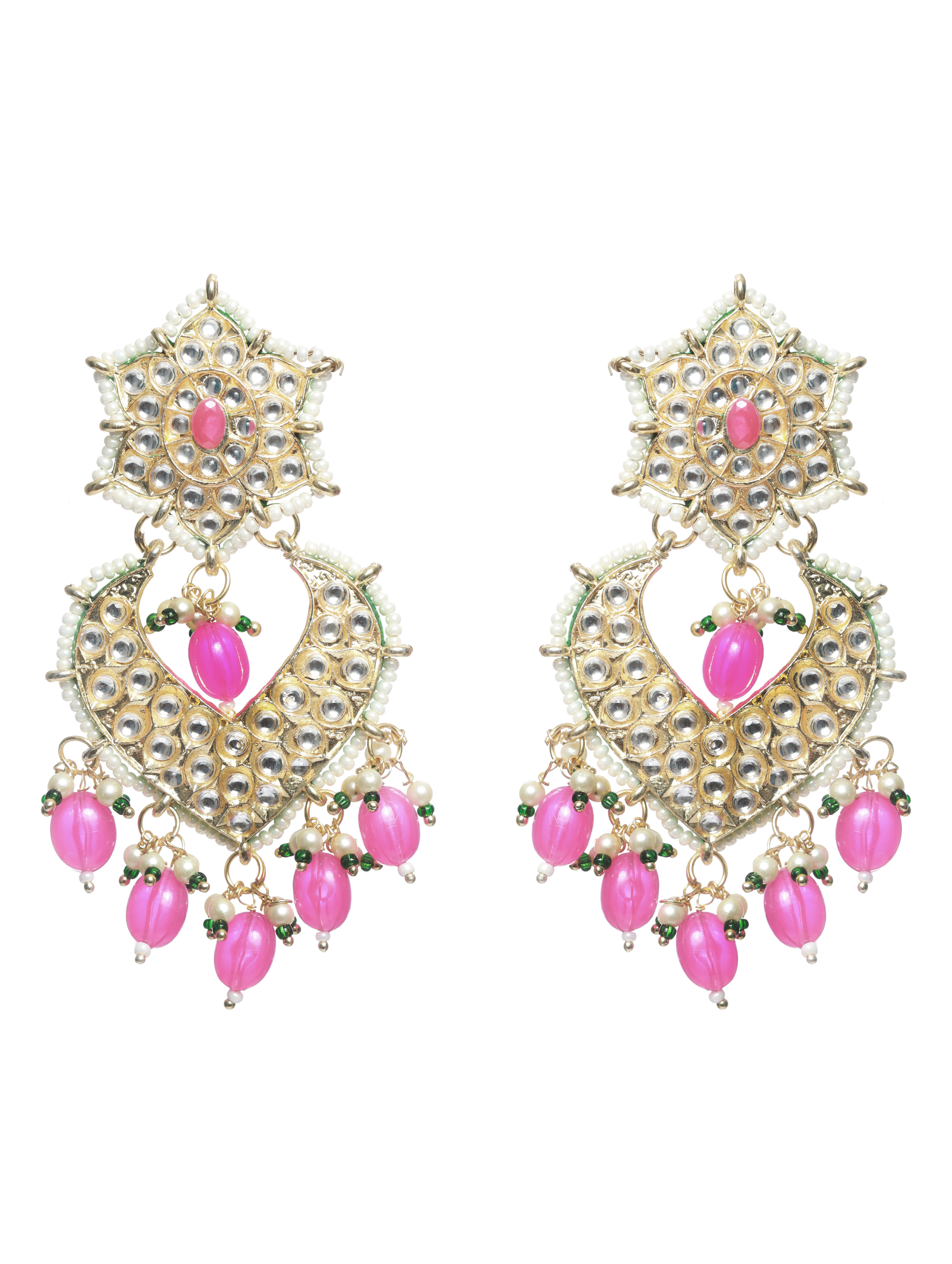Pink Gold-Plated Kundan-Studded Enamelled Beaded Jewellery Set - Jazzandsizzle