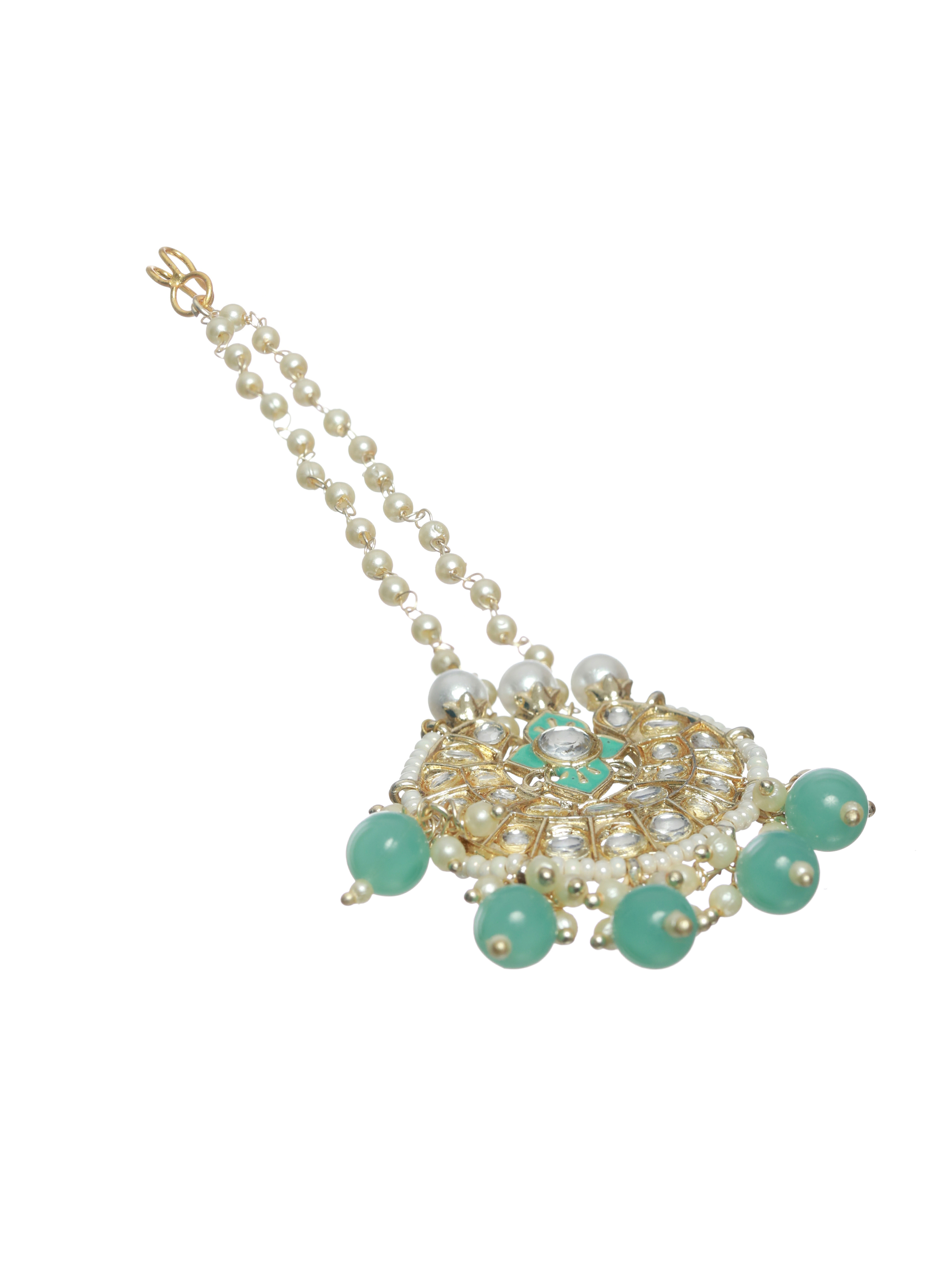 Gold-Plated Sea Green & White Kundan Studded & Beaded Enamelled Handcrafted Jewellery Set - Jazzandsizzle