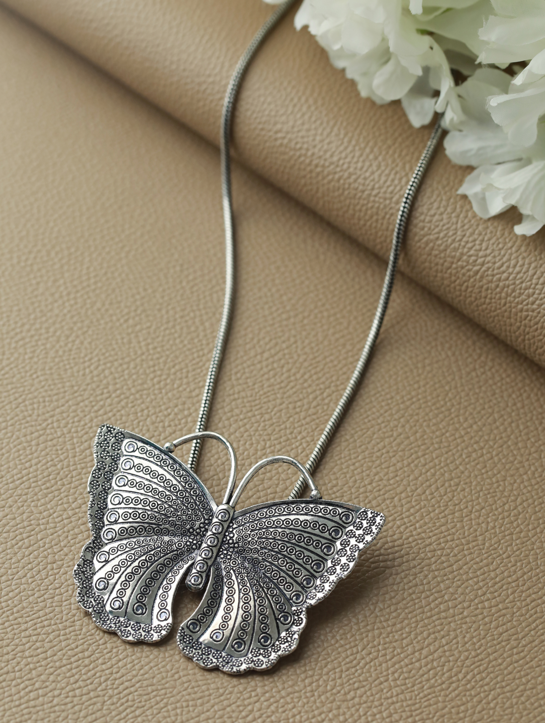 Oxidised Silver-Plated Butterfly Shaped Pendant With Chain - Jazzandsizzle