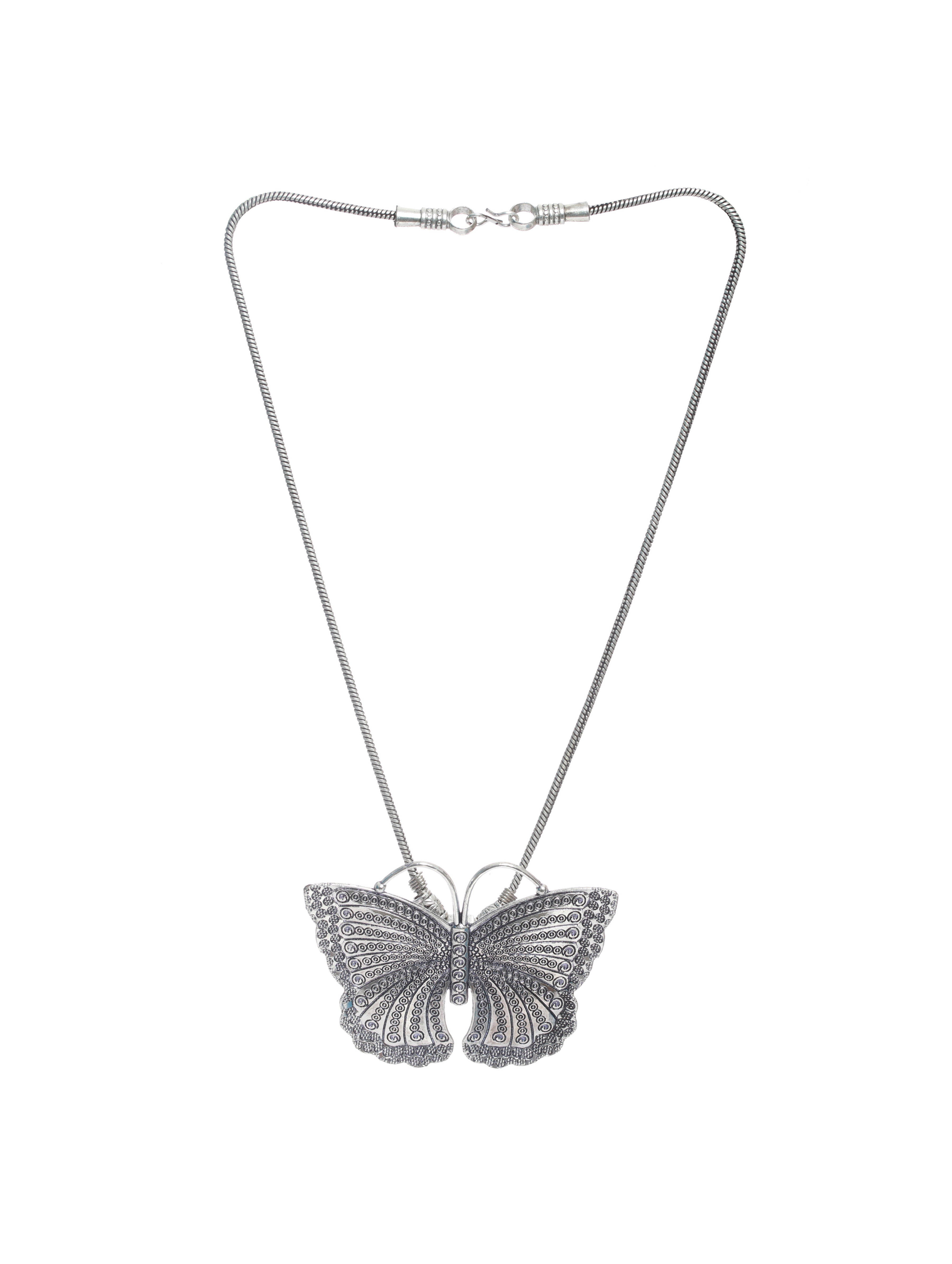 Oxidised Silver-Plated Butterfly Shaped Pendant With Chain - Jazzandsizzle