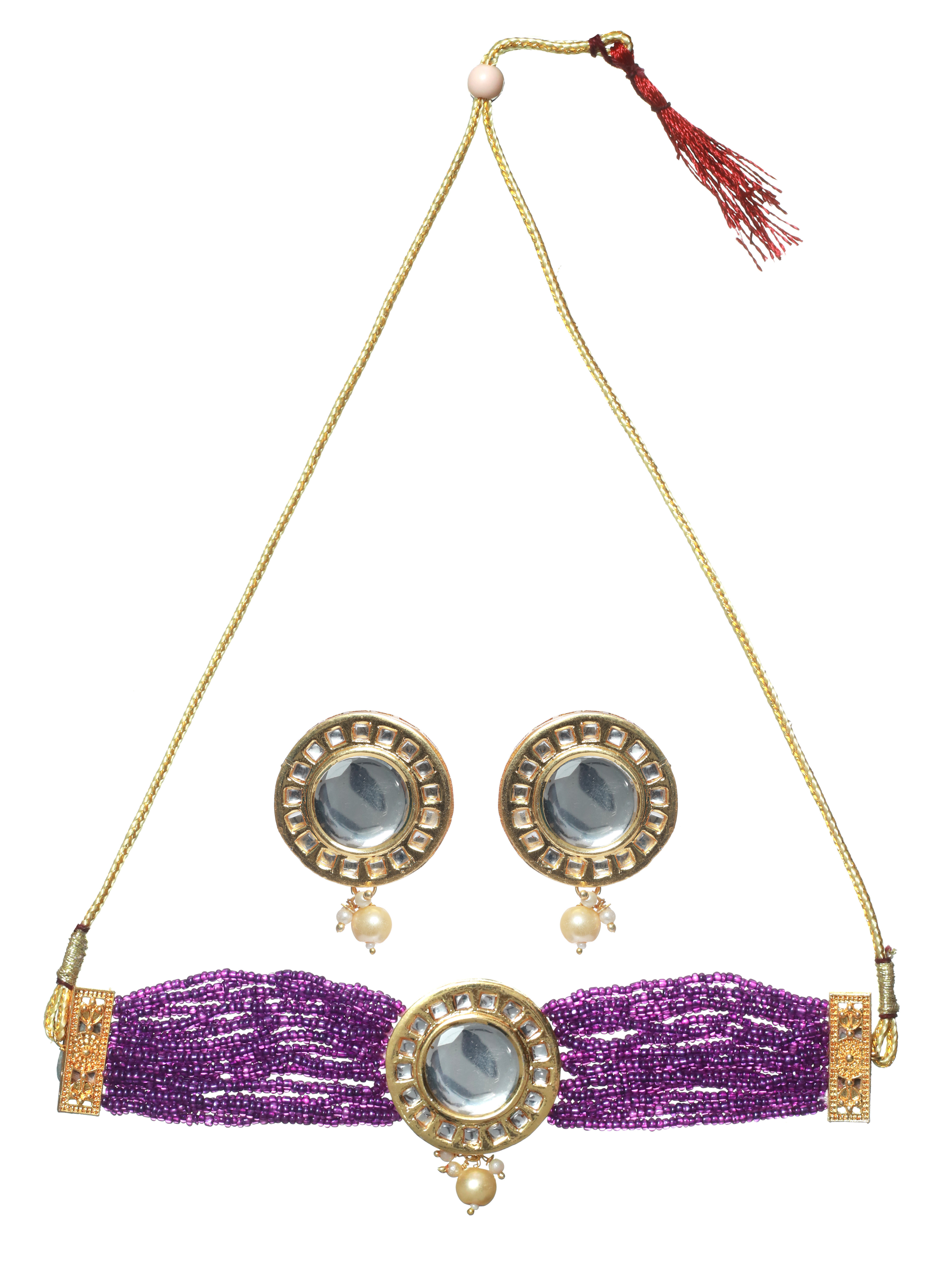 Gold Plated Round Kundan Studded & Purple Beaded Handcrafted Choker Jewellery Set - Jazzandsizzle