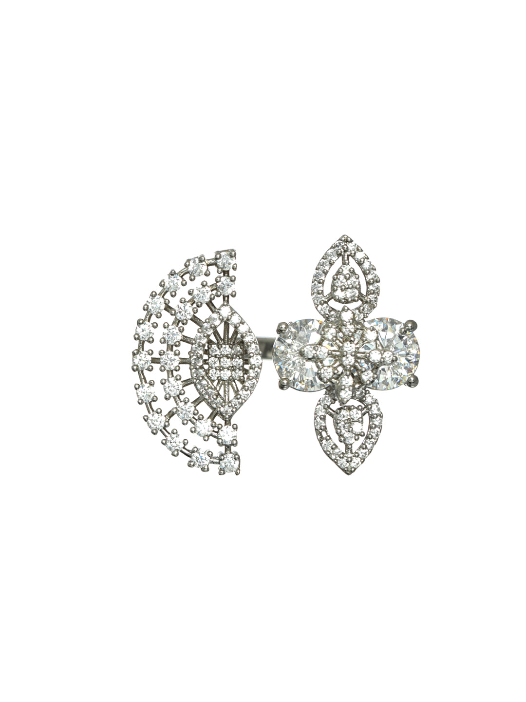 Silver Plated CZ studded Floral Shaped Adjustable Ring - Jazzandsizzle