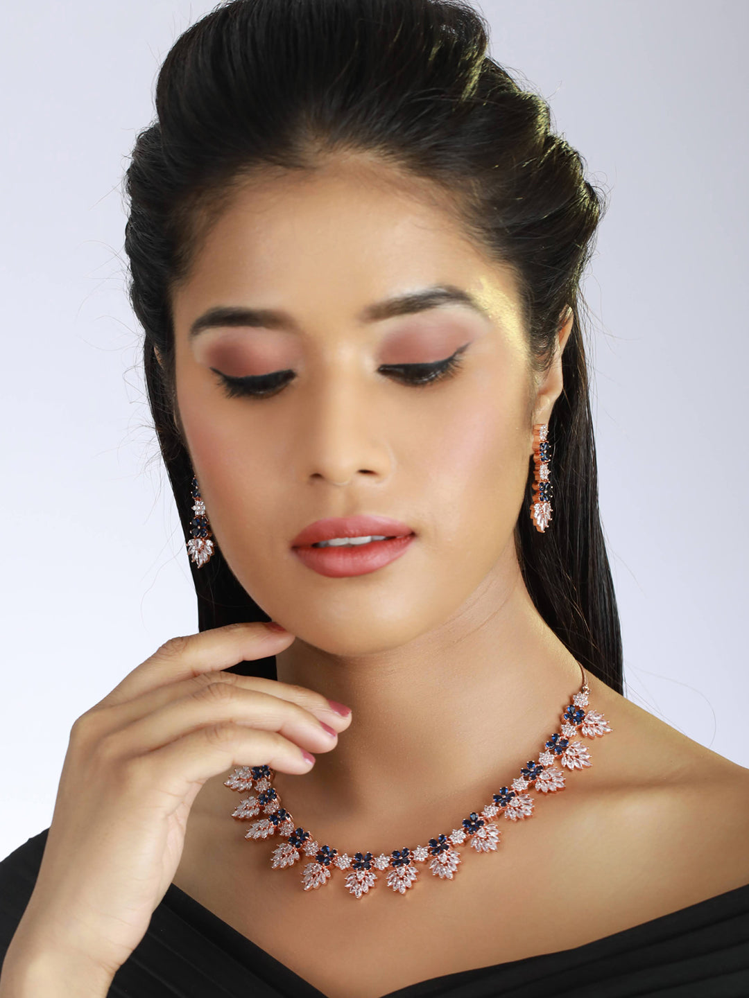 Rose Gold-Plated Blue & white Ameriacna Diamond & CZ-Studded Floral Jewellery Set - Jazzandsizzle