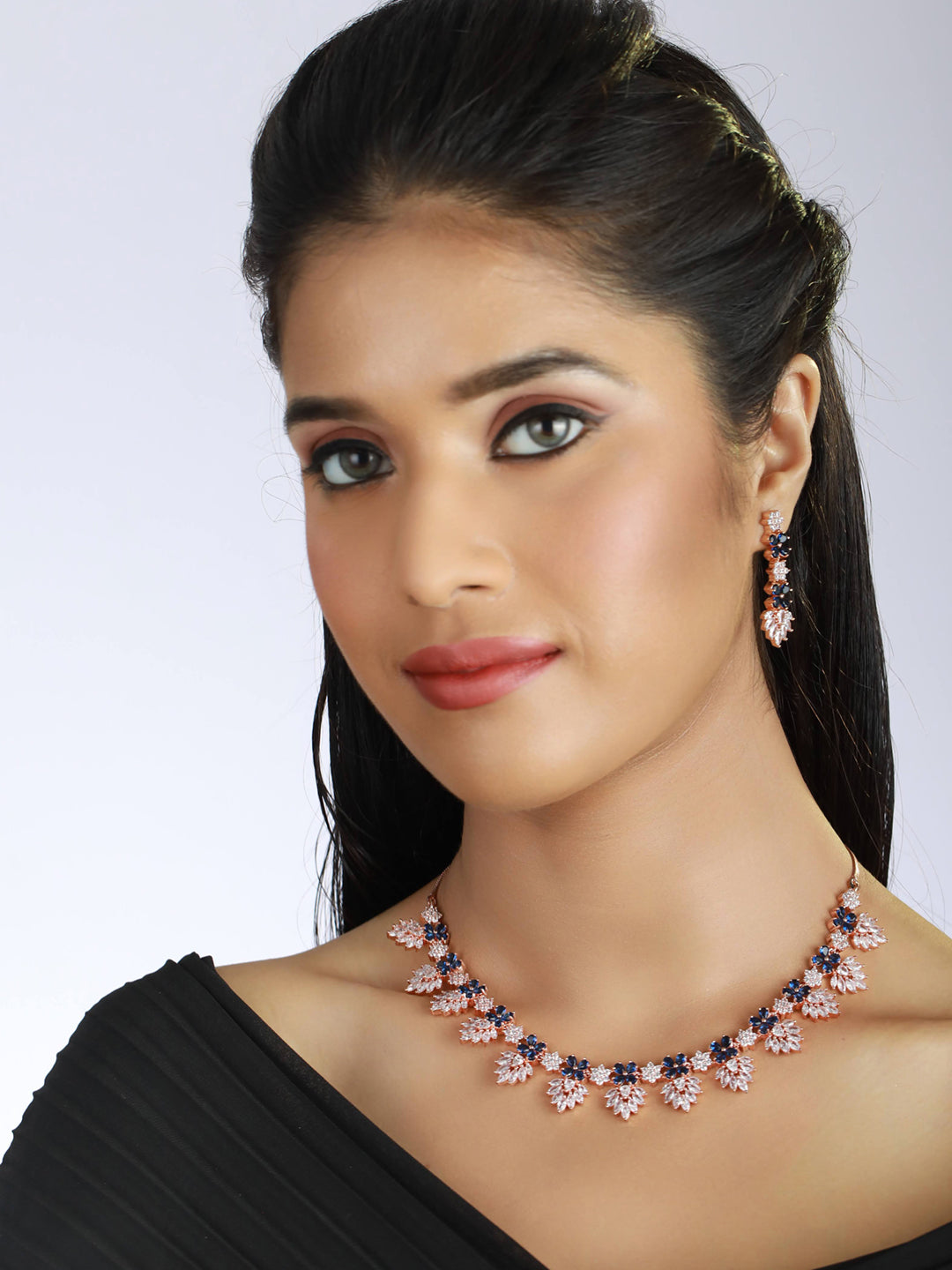 Rose Gold-Plated Blue & white Ameriacna Diamond & CZ-Studded Floral Jewellery Set - Jazzandsizzle