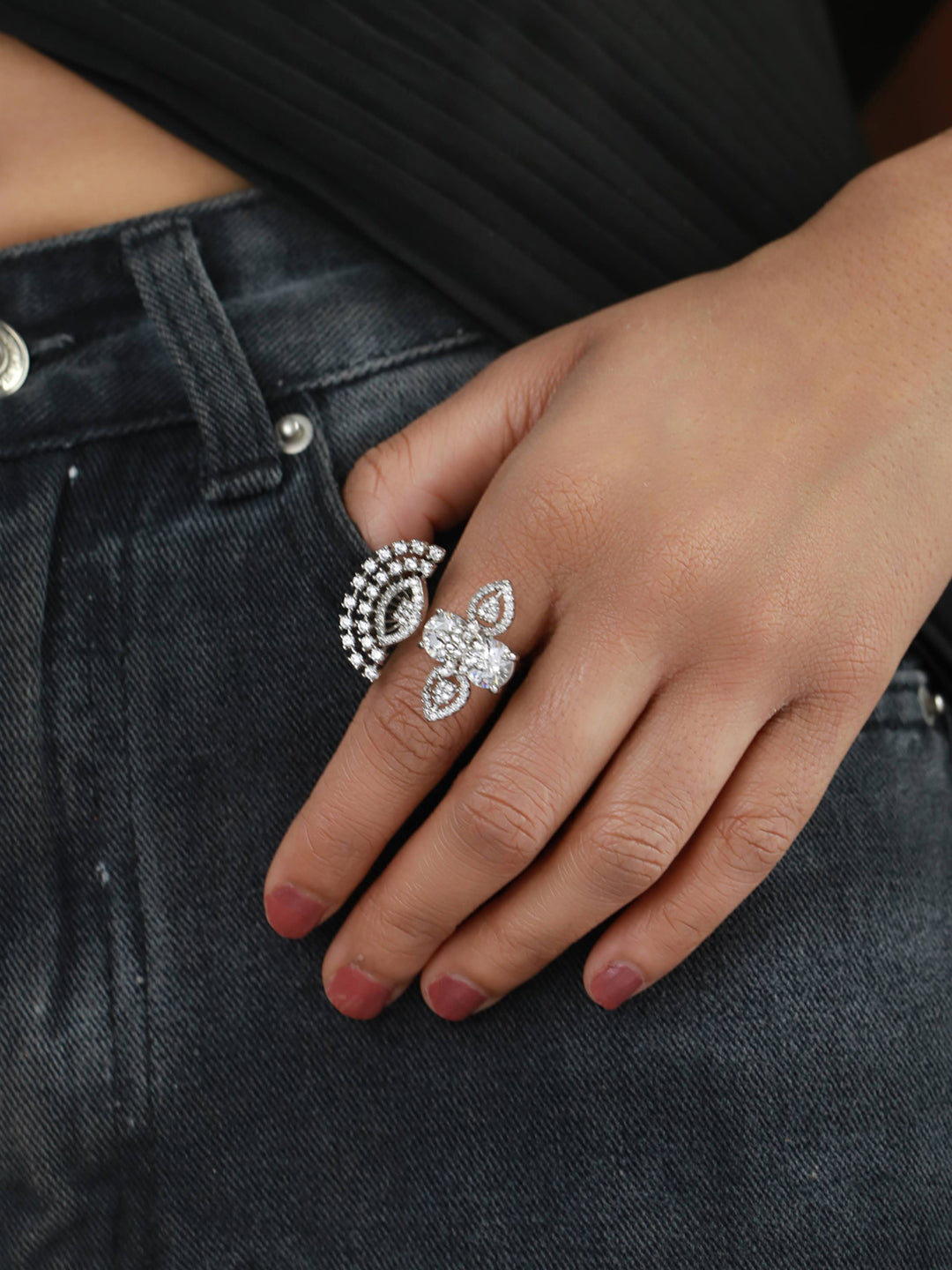 Silver Plated CZ studded Floral Shaped Adjustable Ring - Jazzandsizzle