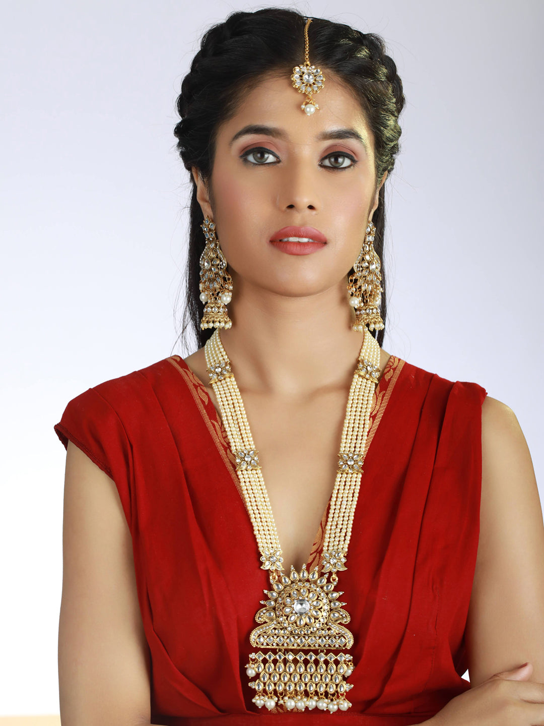 White Coloured Gold-Plated Kundan-Studded & Beaded Handcrafted Jewellery Set - Jazzandsizzle