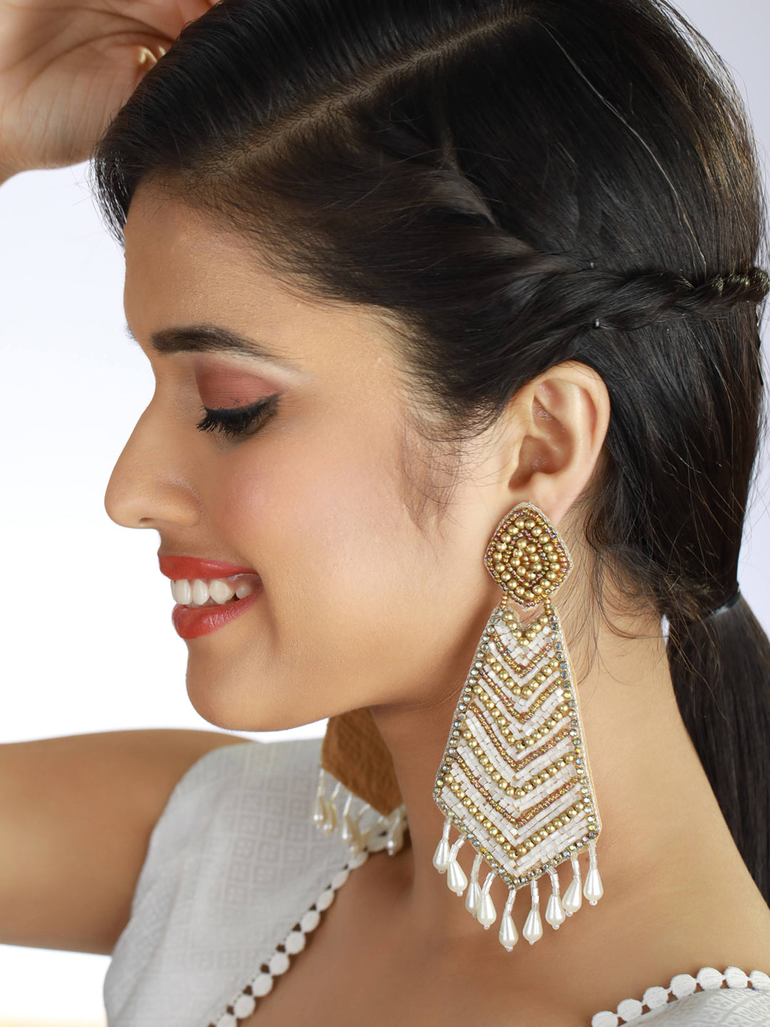 Gold-Plated White & Gold Handcrafted Contemporary Drop Earrings - Jazzandsizzle