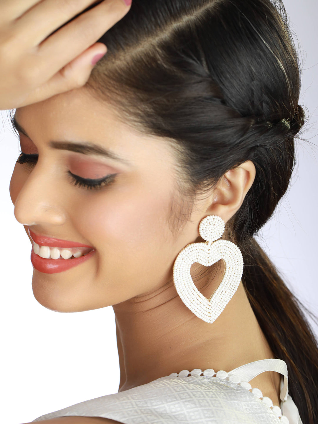 Handwoven Beads & white Heart Shaped Contemporary Design Handcrafted Drop Earrings - Jazzandsizzle
