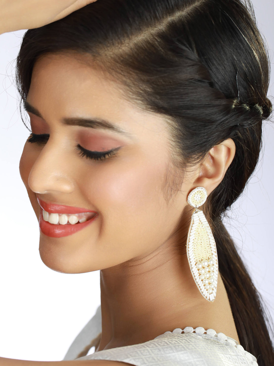 White & Gold-Toned Teardrop Handcrafted Beaded & Pearl Work Drop Earrings - Jazzandsizzle