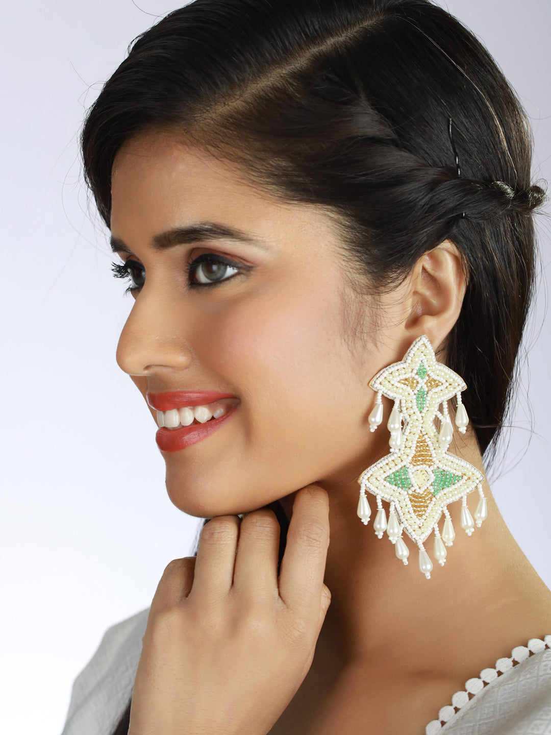 White Handwoven Beads & Green & Gold Studded Handcrafted Contemporary Drop Earrings - Jazzandsizzle