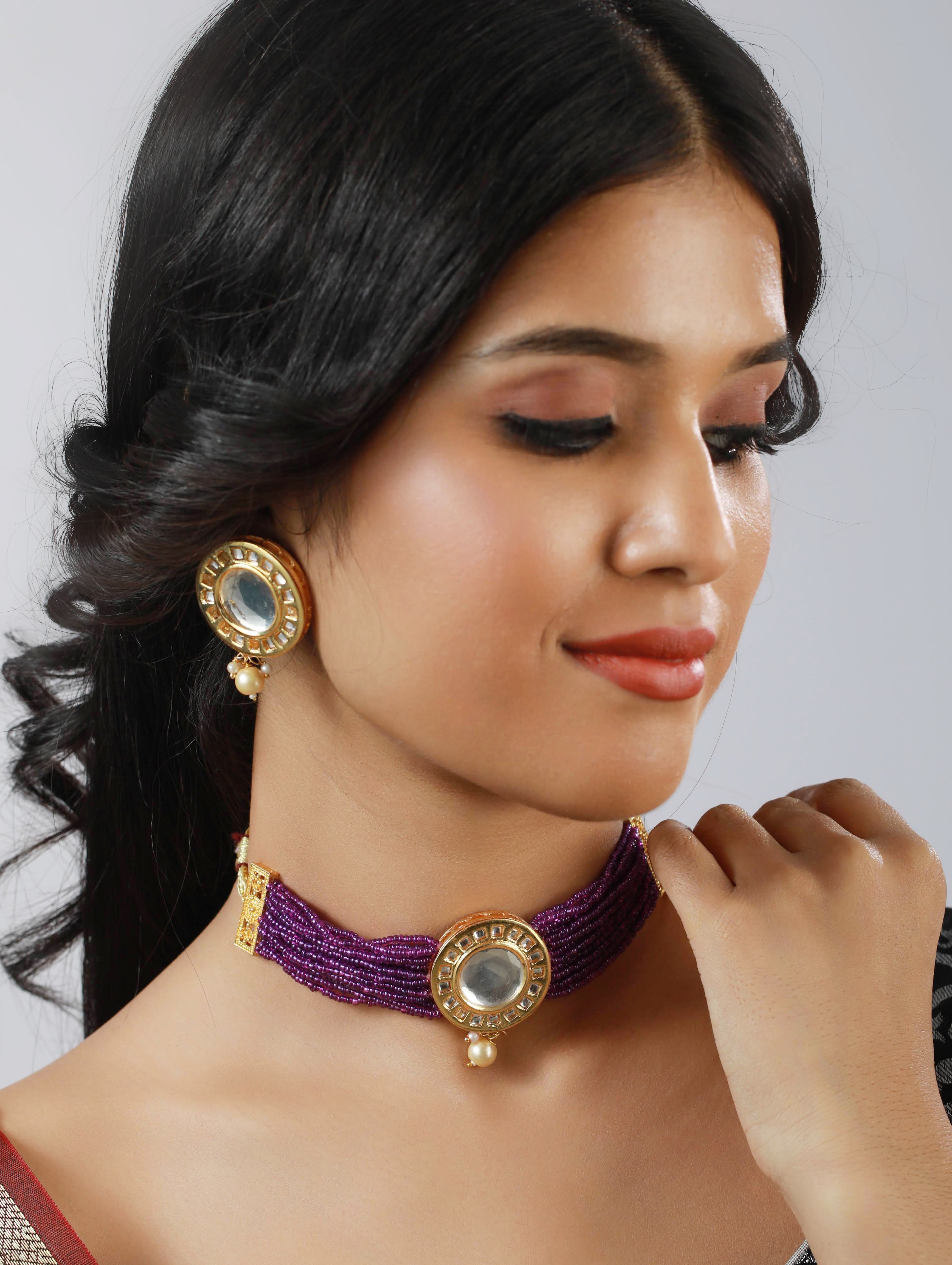 Gold Plated Round Kundan Studded & Purple Beaded Handcrafted Choker Jewellery Set - Jazzandsizzle