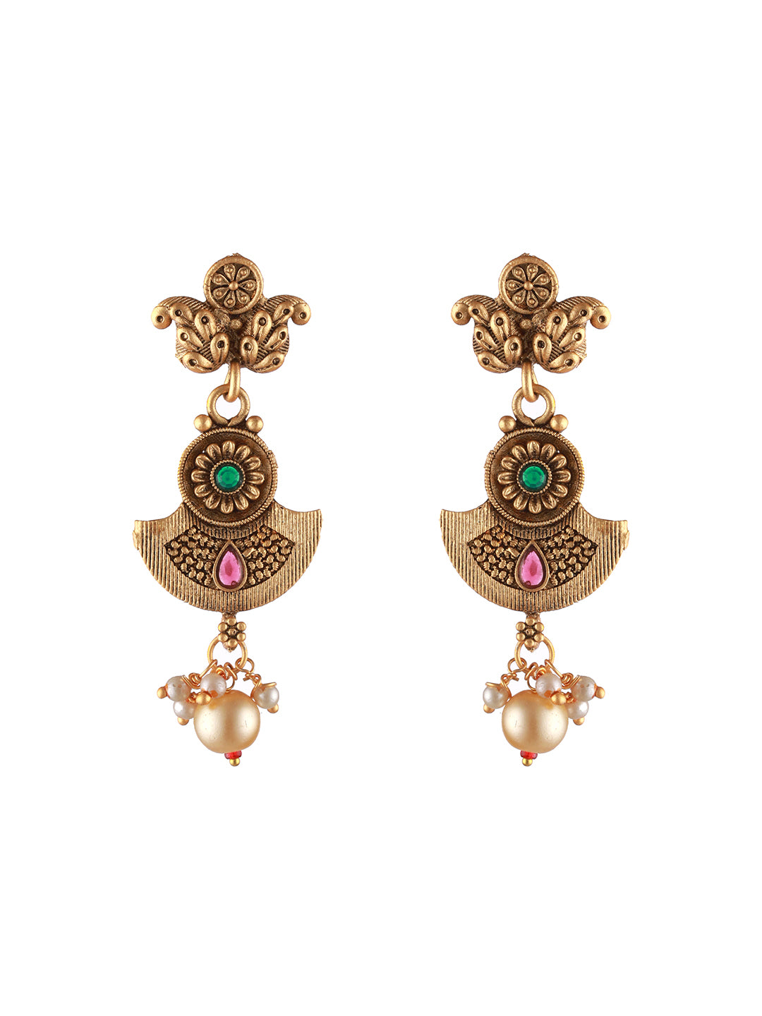 Gold-Plated Red & Green Stone Studded & Pearl Drop Handcrafted Jewellery Set - Jazzandsizzle