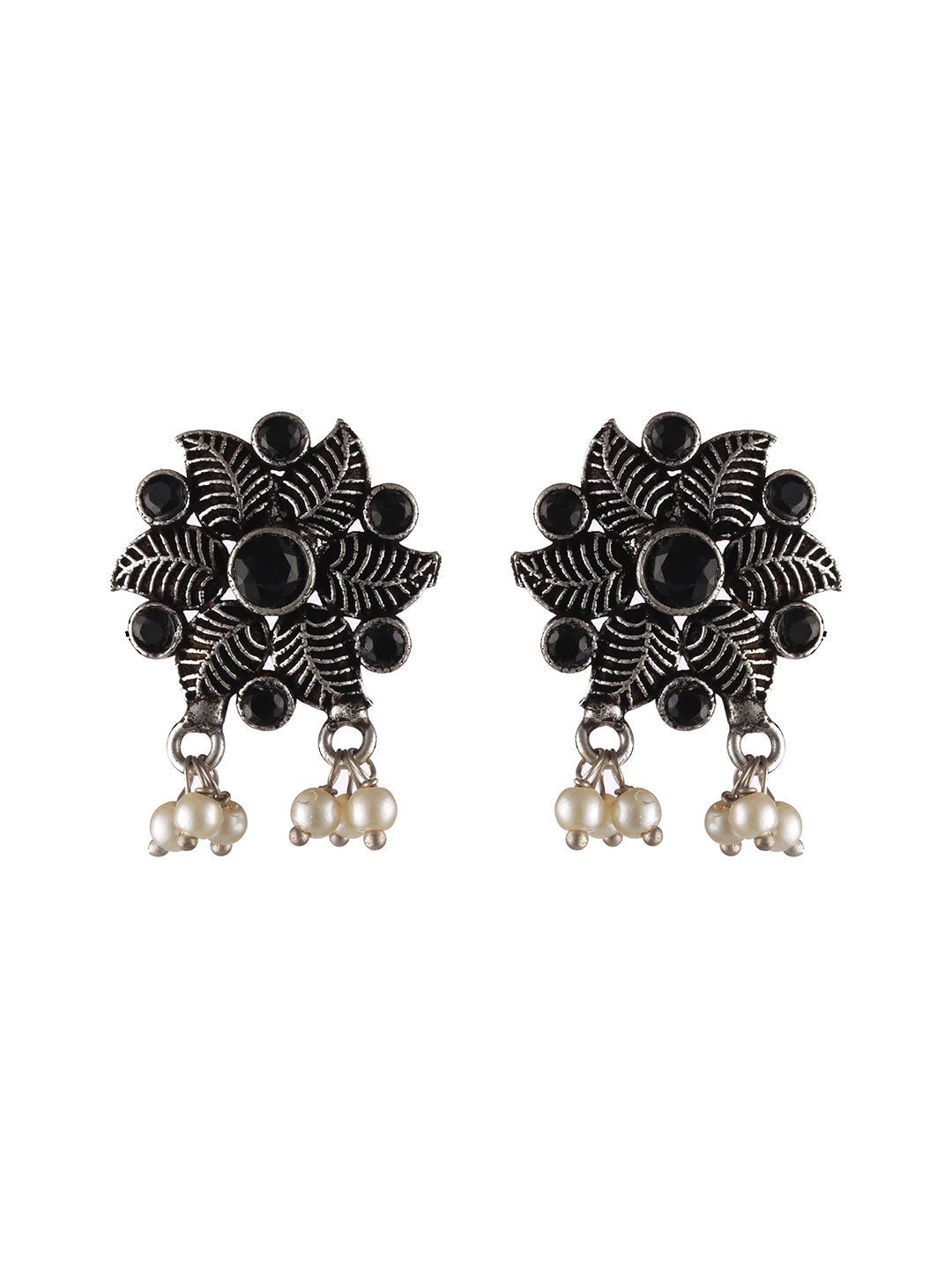 Oxidised Silver-Tone Black Stone Studded & Pearl Beaded Floral Jewellery Set - Jazzandsizzle