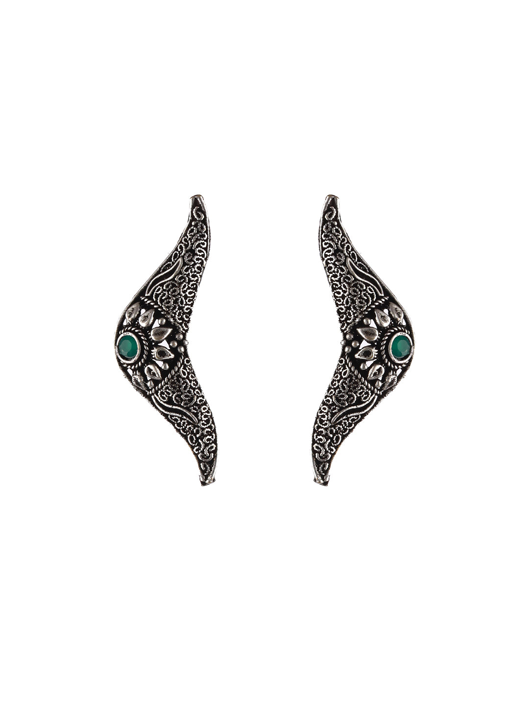 Oxidised Silver-Tone Green Stone Studded Filgree Jewellery Set - Jazzandsizzle