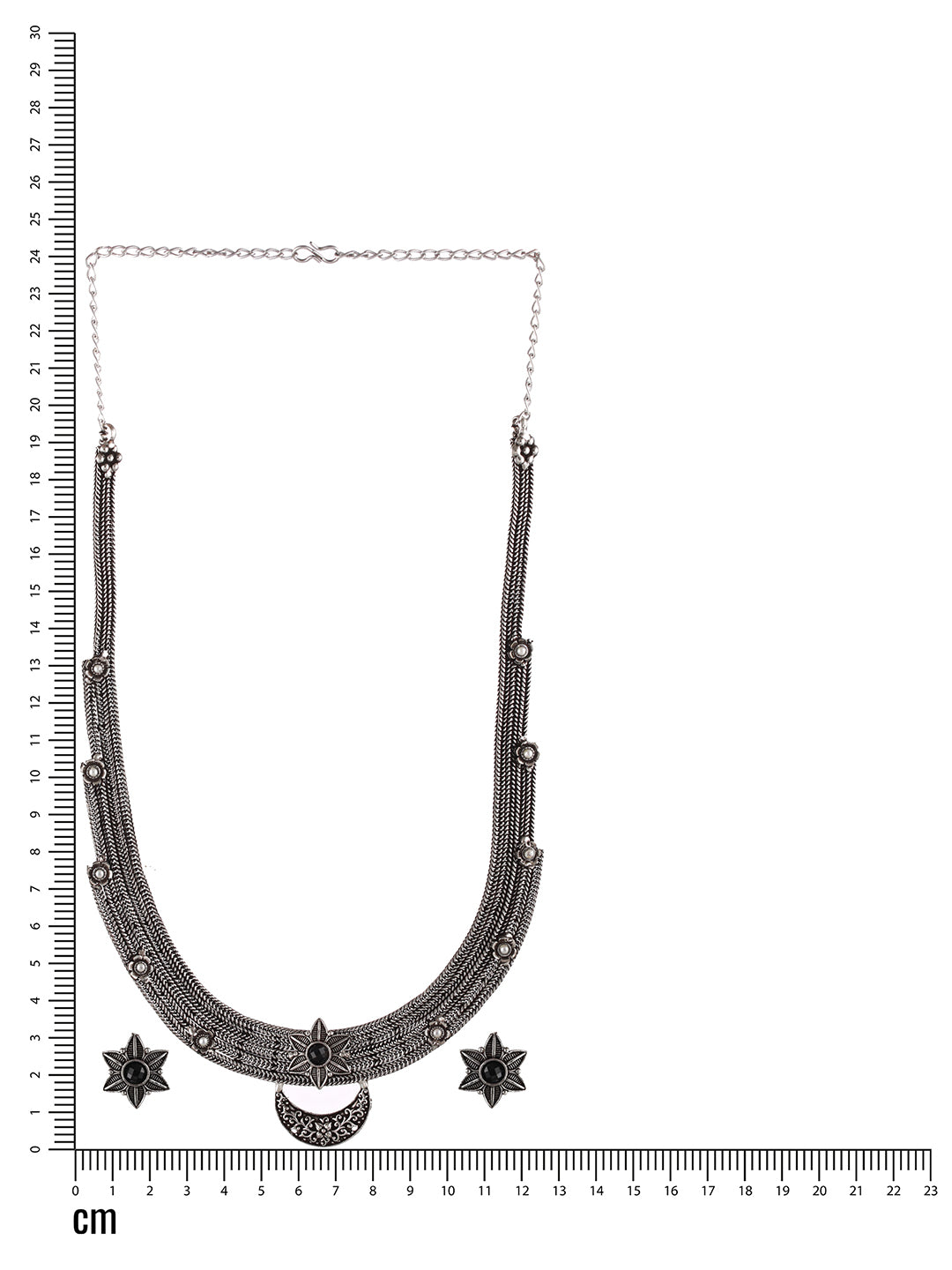 Silver-Toned Red Stone Studded & Pearl Beaded Oxidised Jewellery Set - Jazzandsizzle