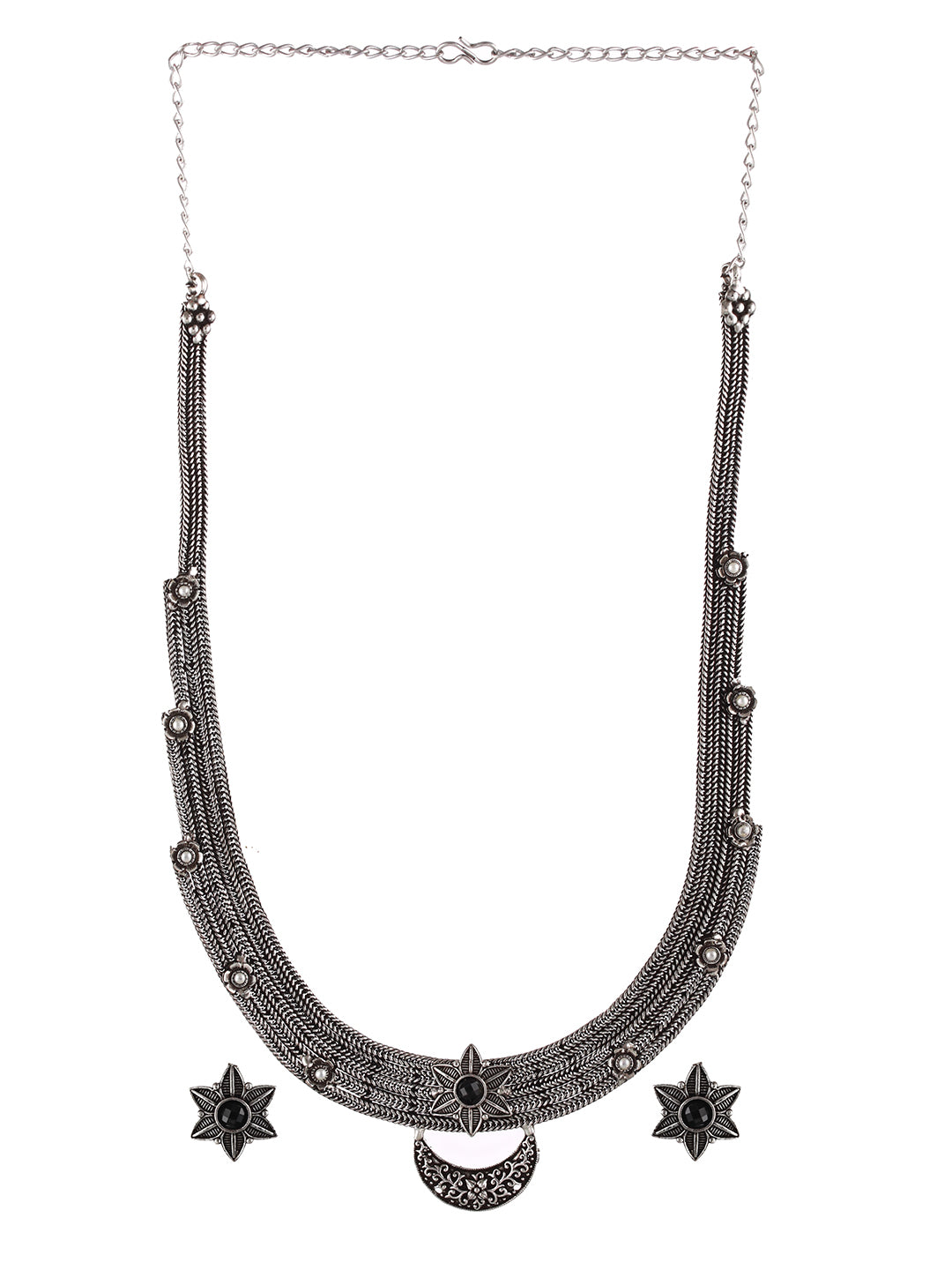 Silver-Toned Red Stone Studded & Pearl Beaded Oxidised Jewellery Set - Jazzandsizzle