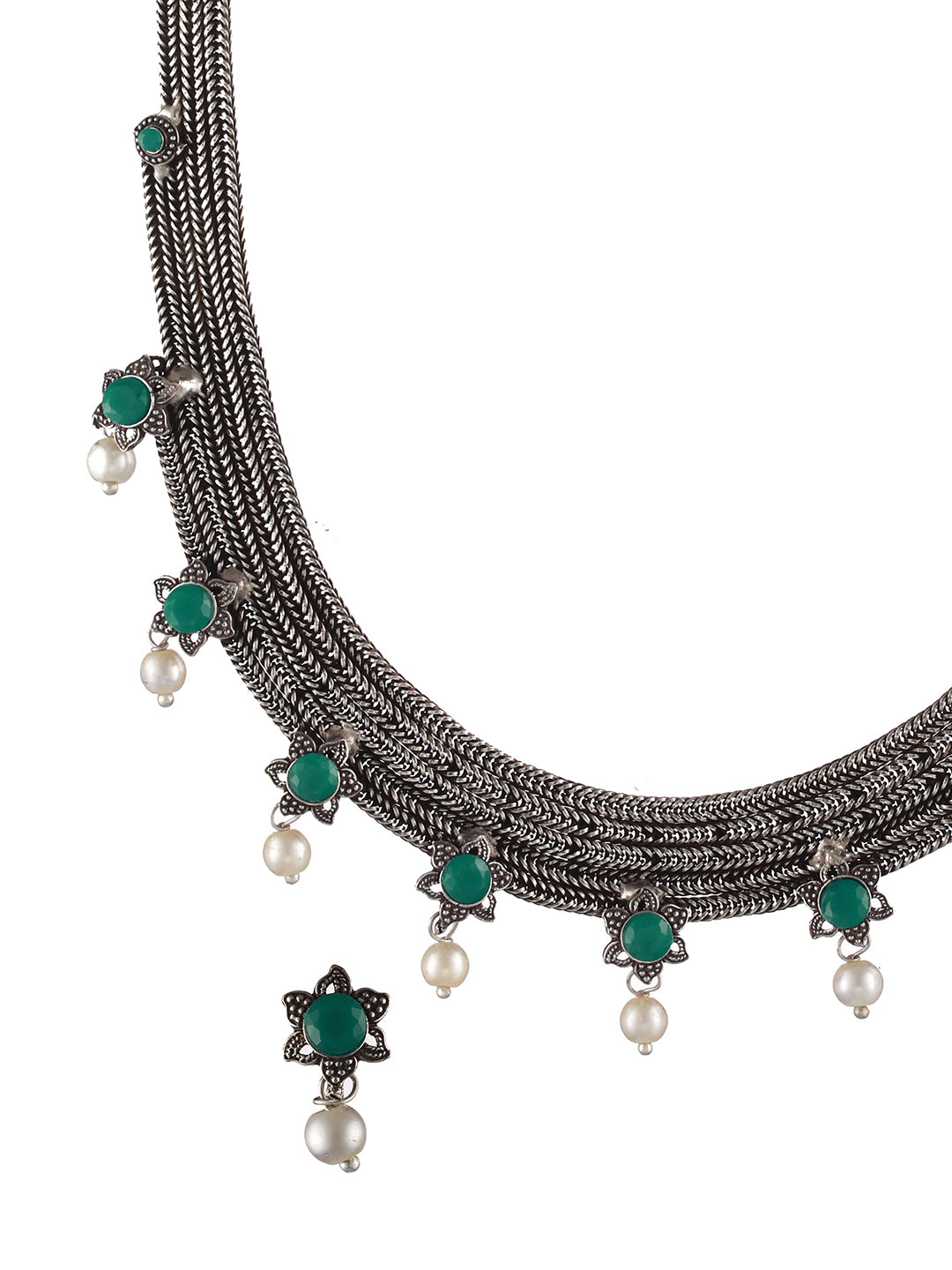 Oxidised Silver-Tone Green Stone Studded & Pearl Beaded Jewellery Set - Jazzandsizzle