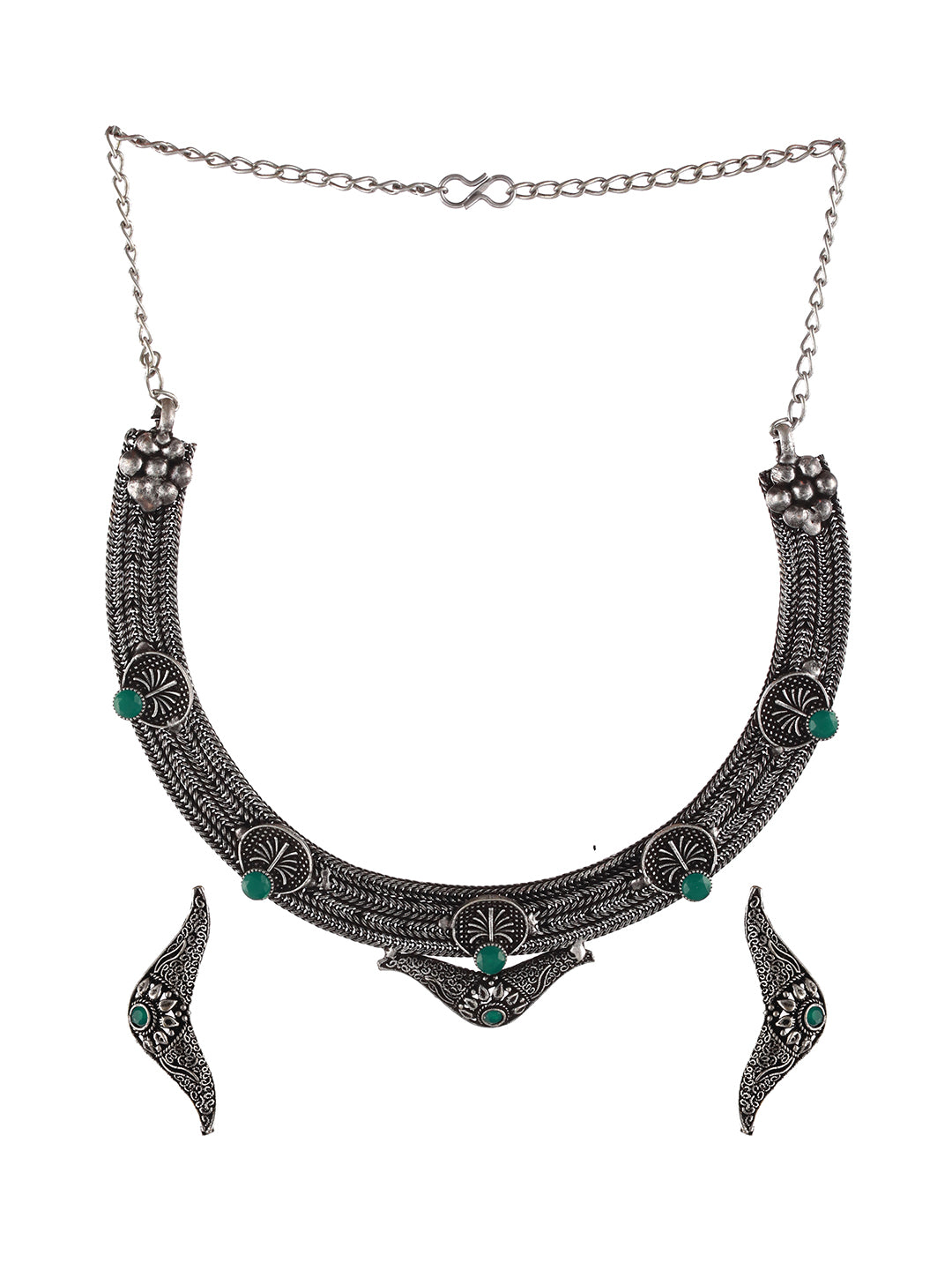 Oxidised Silver-Tone Green Stone Studded Filgree Jewellery Set - Jazzandsizzle