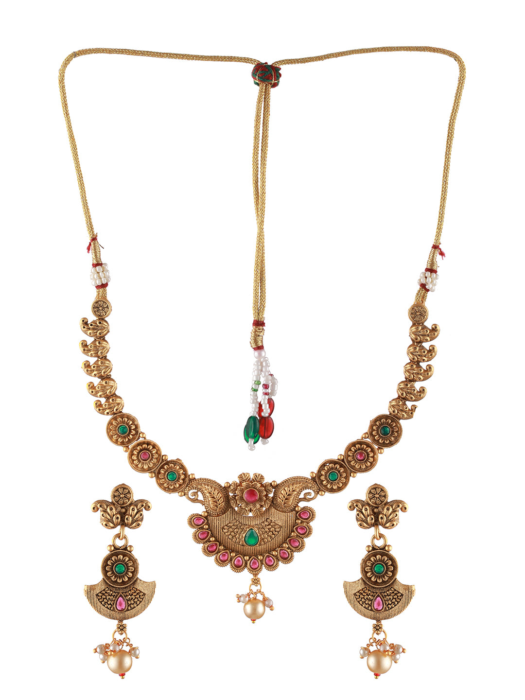 Gold-Plated Red & Green Stone Studded & Pearl Drop Handcrafted Jewellery Set - Jazzandsizzle