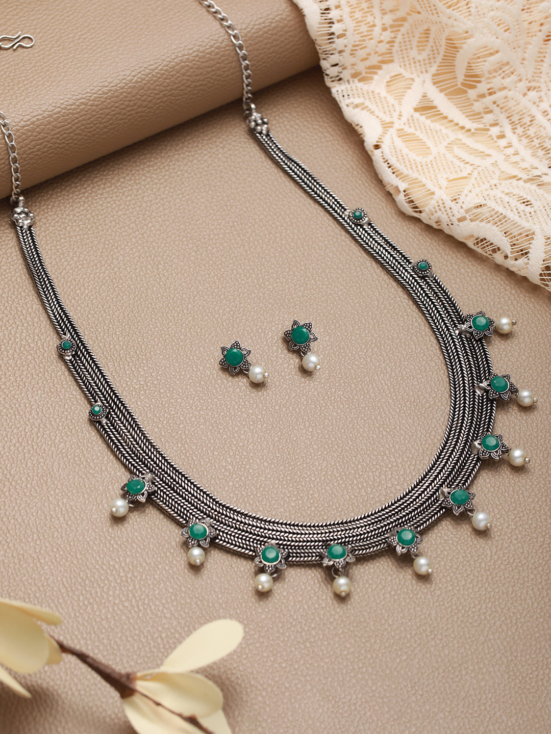 Oxidised Silver-Tone Green Stone Studded & Pearl Beaded Jewellery Set - Jazzandsizzle