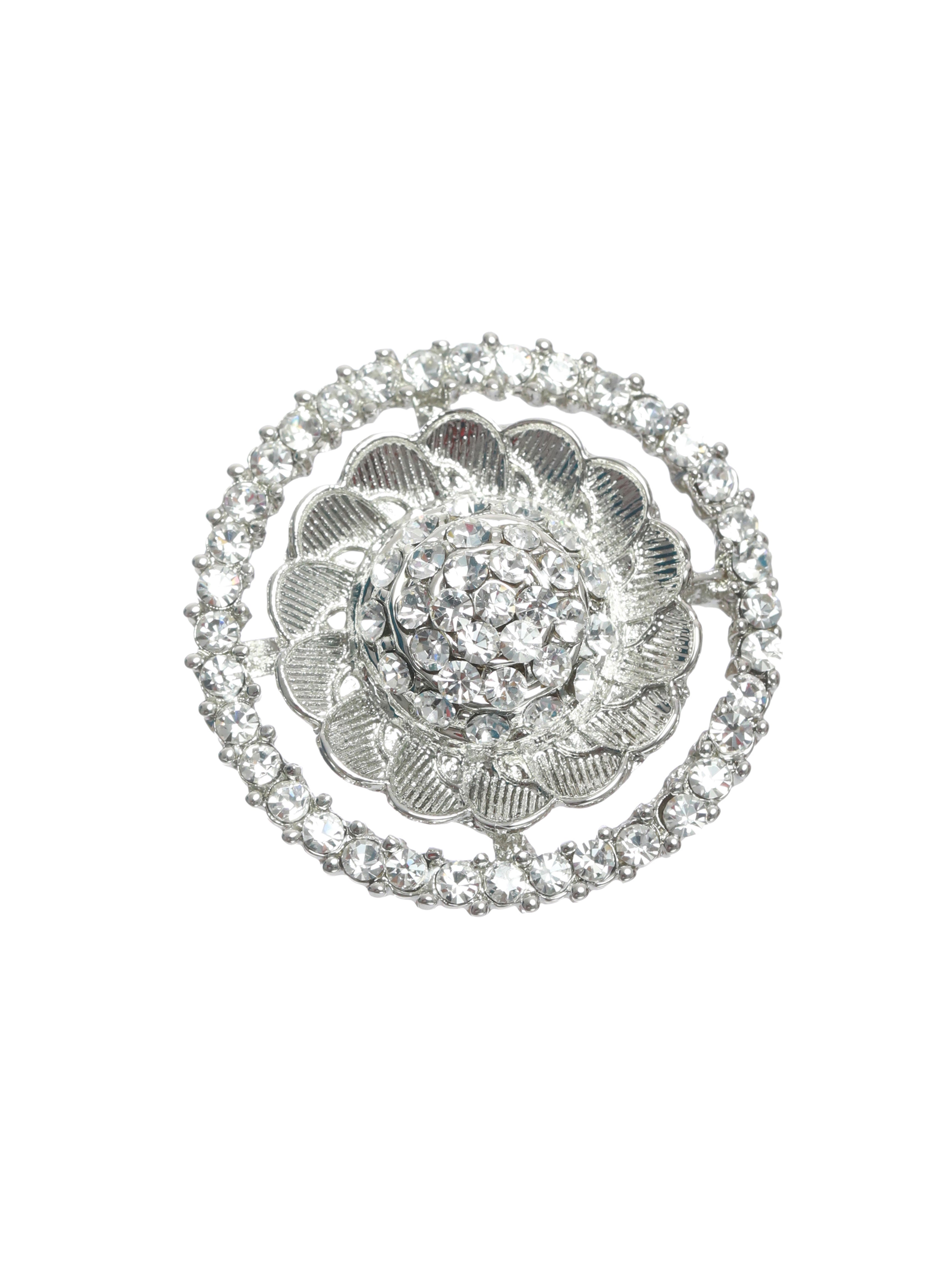 Silver-Plated CZ Studded Flower shaped Adjustable Finger Ring - Jazzandsizzle