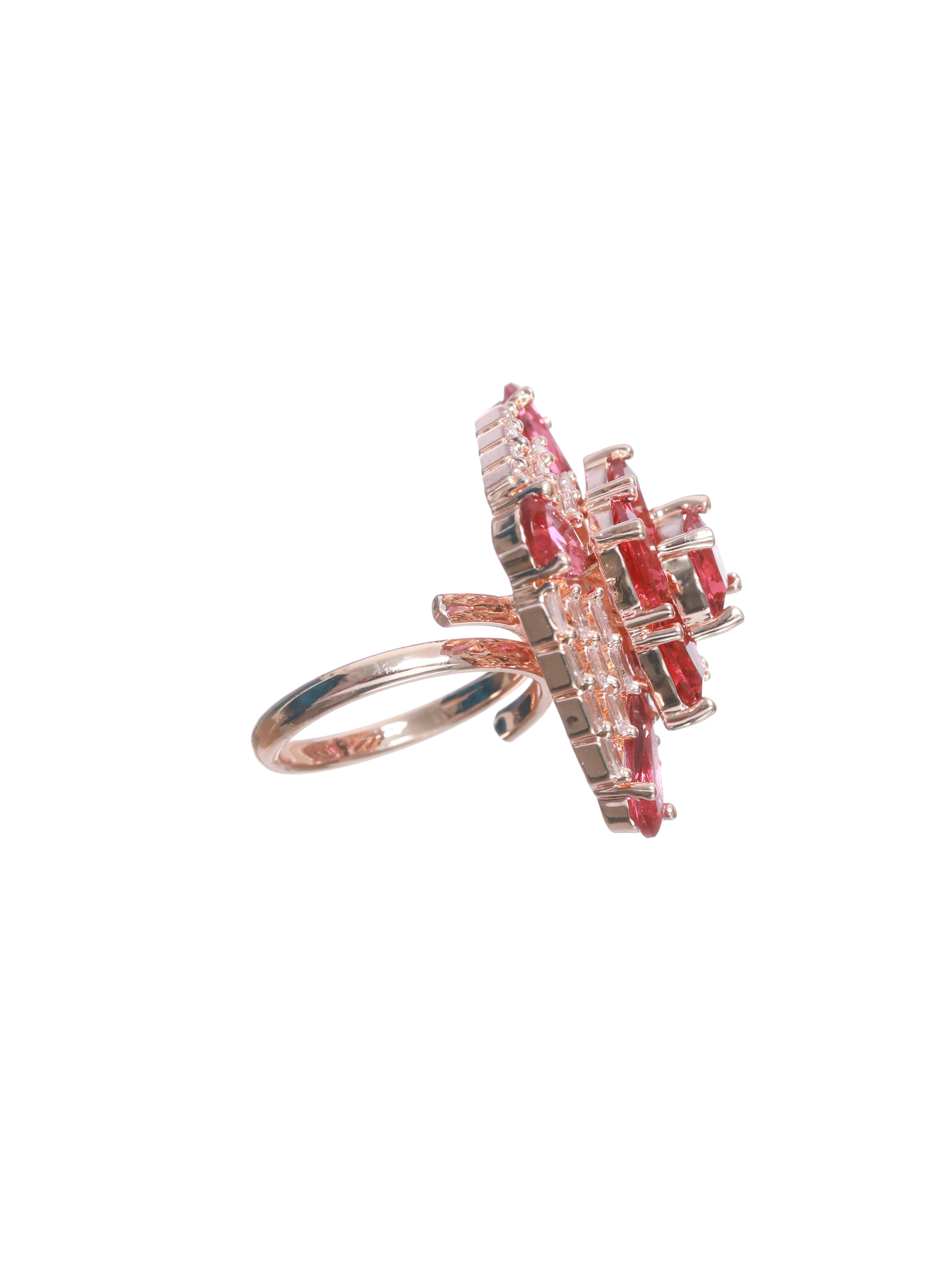 Rose Gold Plated Red & White AD Studded Handcrafted Adjustable Finger Ring - Jazzandsizzle