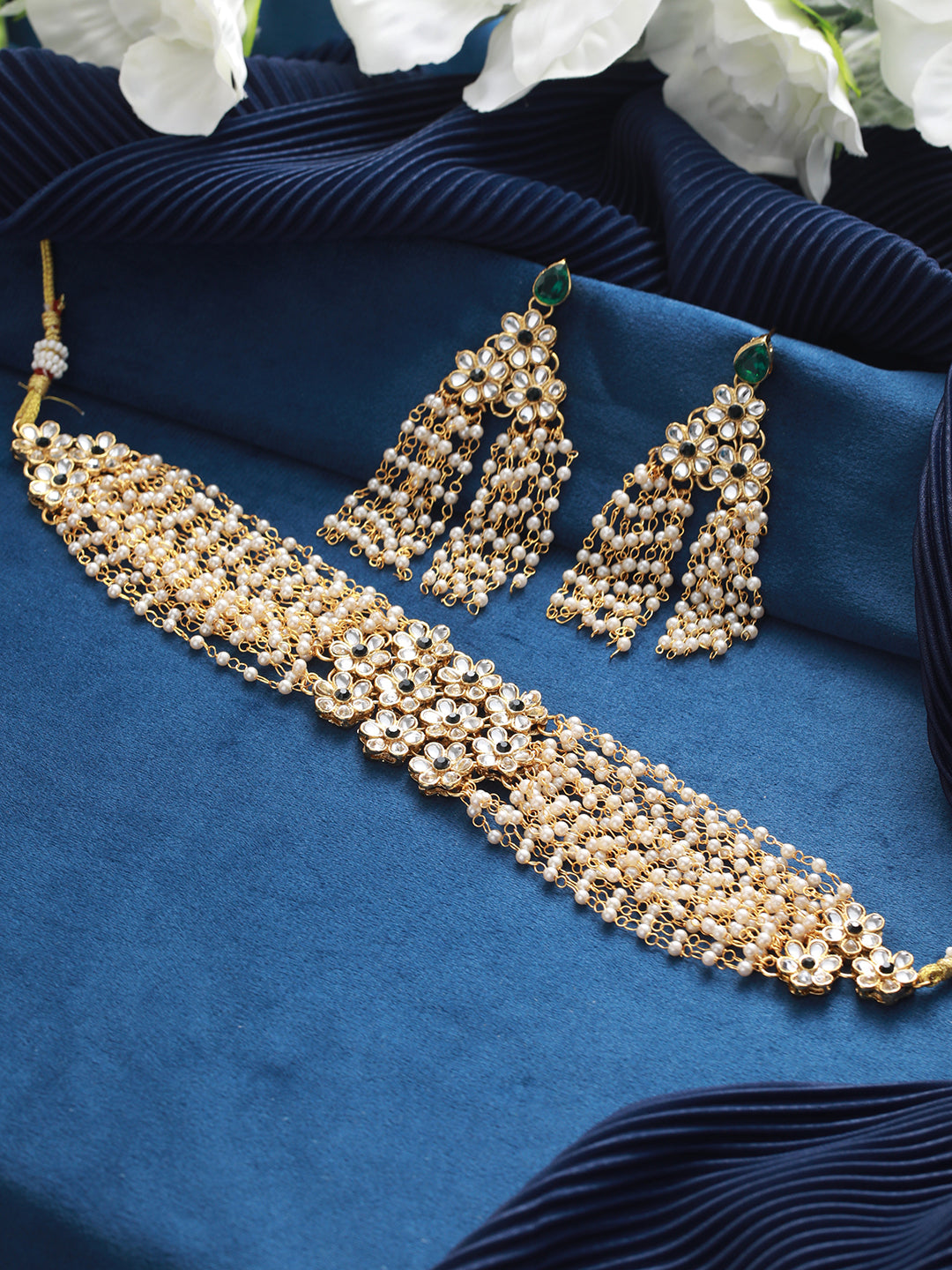 Gold-Plated Green Kundan Studded & Pearl Beaded Multilayered Choker Jewellery Set - Jazzandsizzle