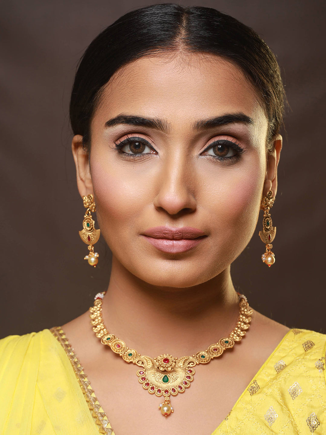 Gold-Plated Red & Green Stone Studded & Pearl Drop Handcrafted Jewellery Set - Jazzandsizzle