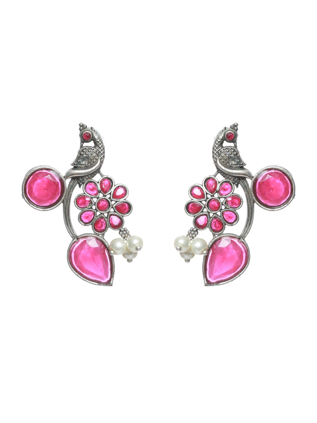 Silver Toned Oxidised-Pink stone studded Contemporary Peacock Shaped Drop Earrings - Jazzandsizzle