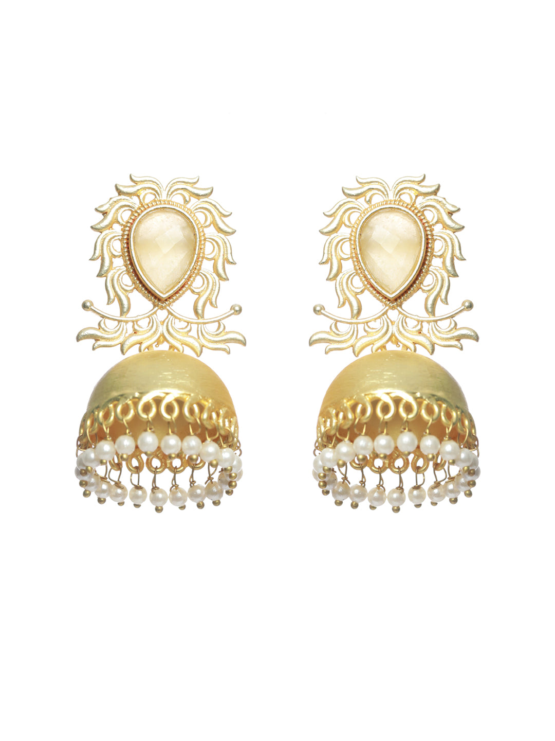Gold-Plated & Yellow MonaLisa stone studded Dome-Shaped White Beaded Jhumka - Jazzandsizzle