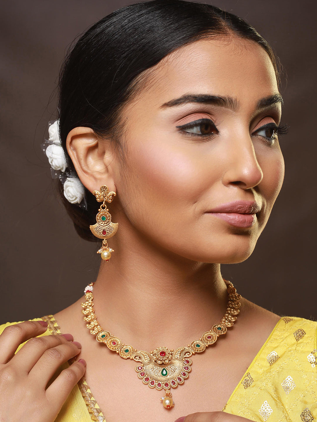 Gold-Plated Red & Green Stone Studded & Pearl Drop Handcrafted Jewellery Set - Jazzandsizzle