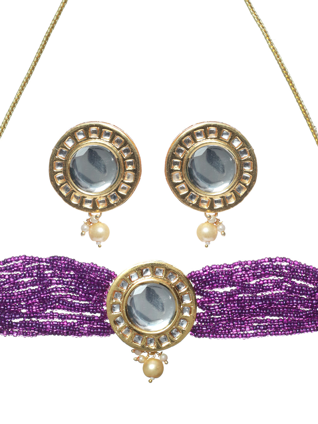 Gold Plated Round Kundan Studded & Purple Beaded Handcrafted Choker Jewellery Set - Jazzandsizzle