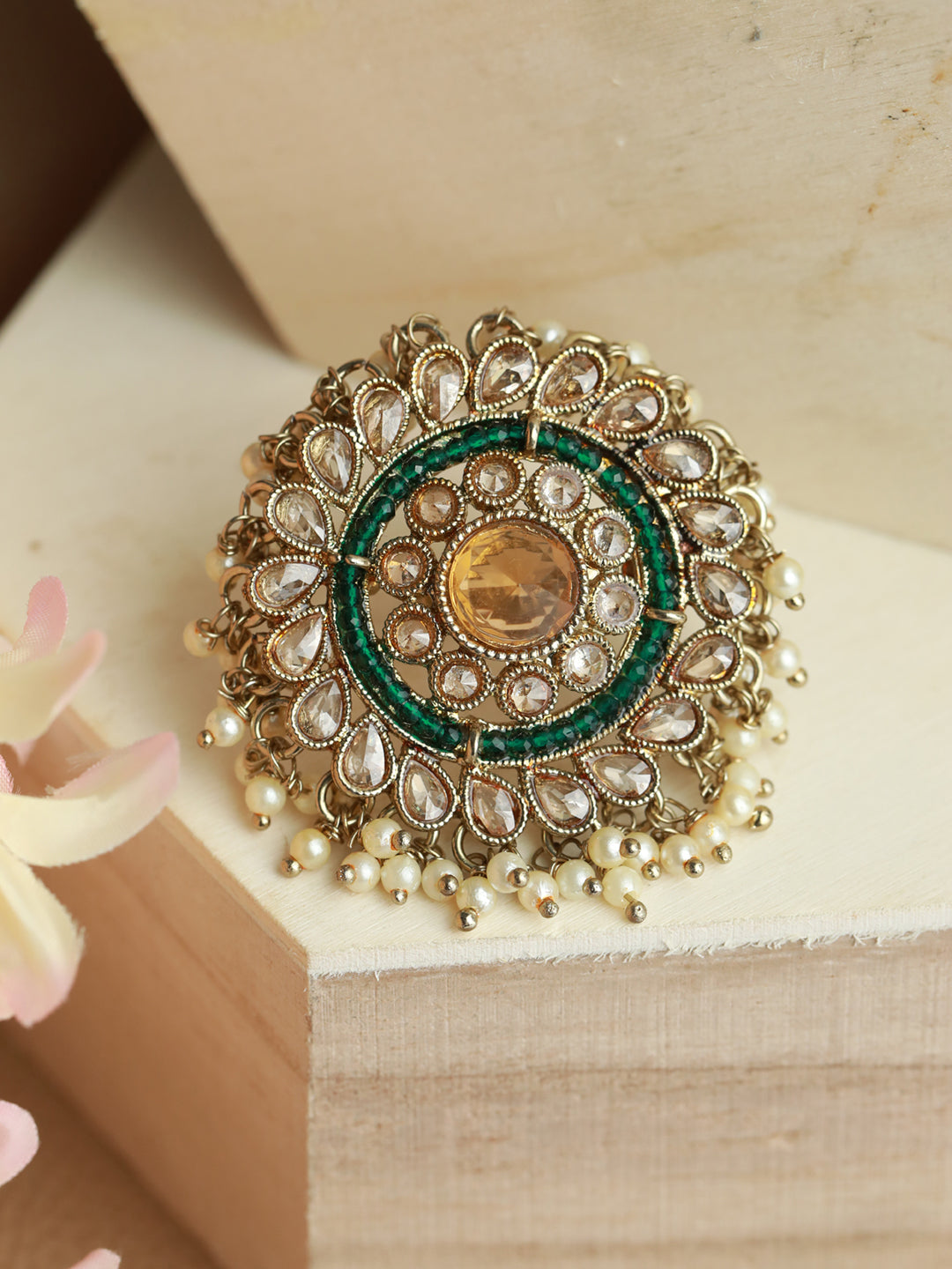 Gold-Plated Green & White Kundan-Studded & Beaded Adjustable Finger Ring - Jazzandsizzle