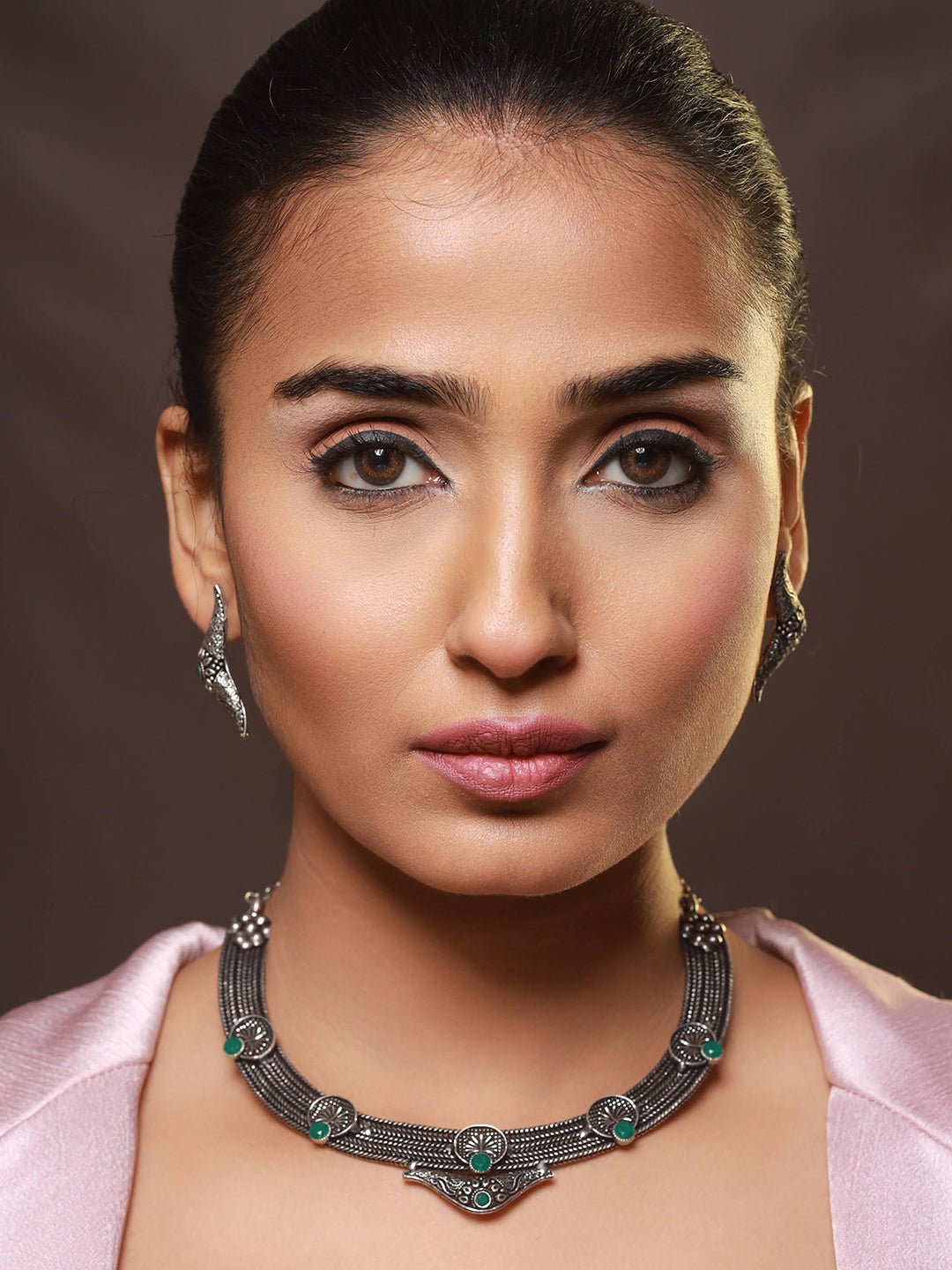 Oxidised Silver-Tone Green Stone Studded Filgree Jewellery Set - Jazzandsizzle