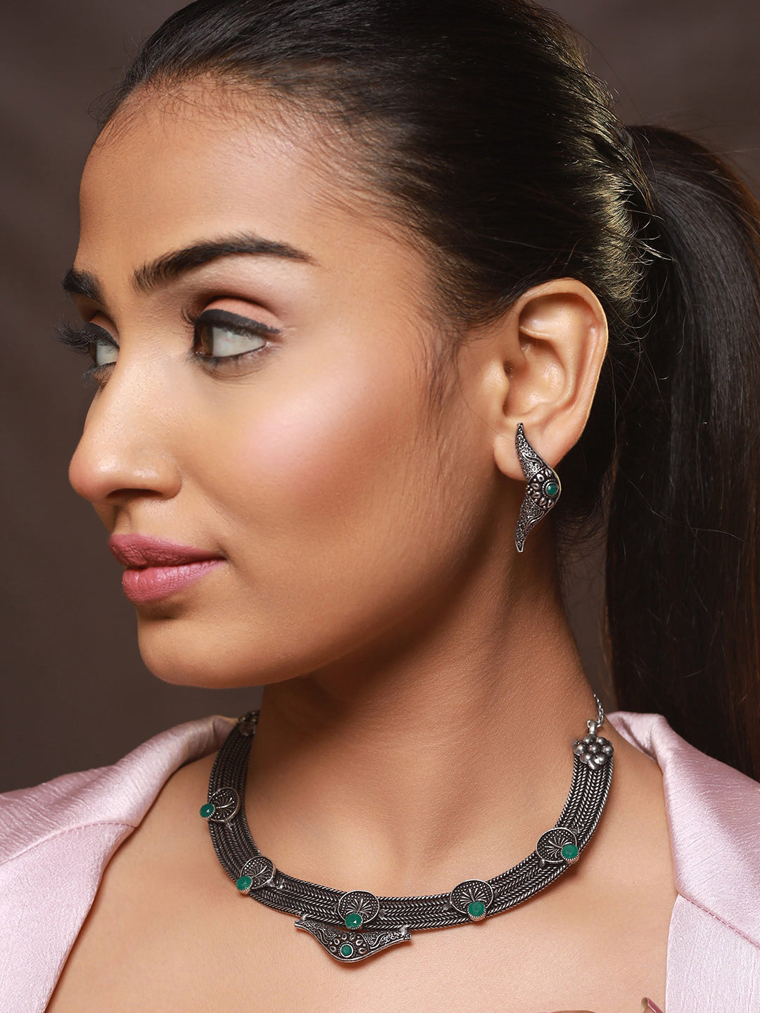 Oxidised Silver-Tone Green Stone Studded Filgree Jewellery Set - Jazzandsizzle