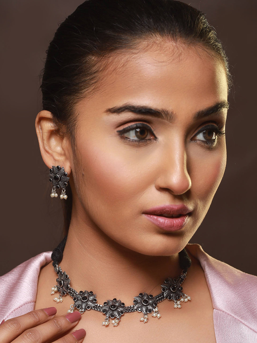 Oxidised Silver-Tone Black Stone Studded & Pearl Beaded Floral Jewellery Set - Jazzandsizzle