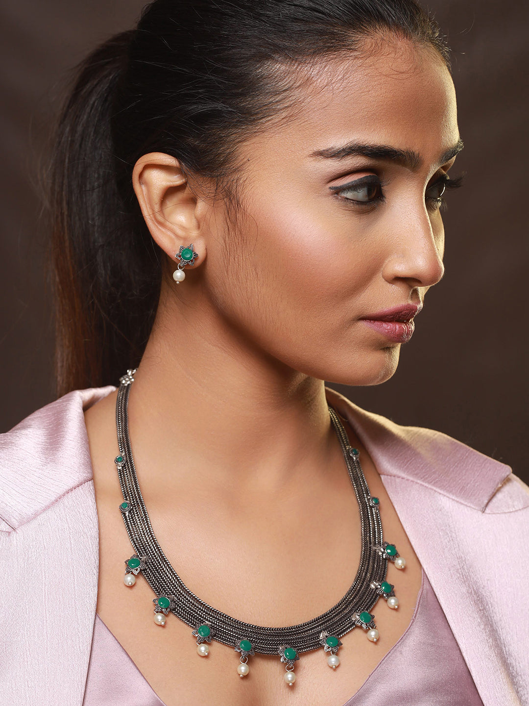 Oxidised Silver-Tone Green Stone Studded & Pearl Beaded Jewellery Set - Jazzandsizzle