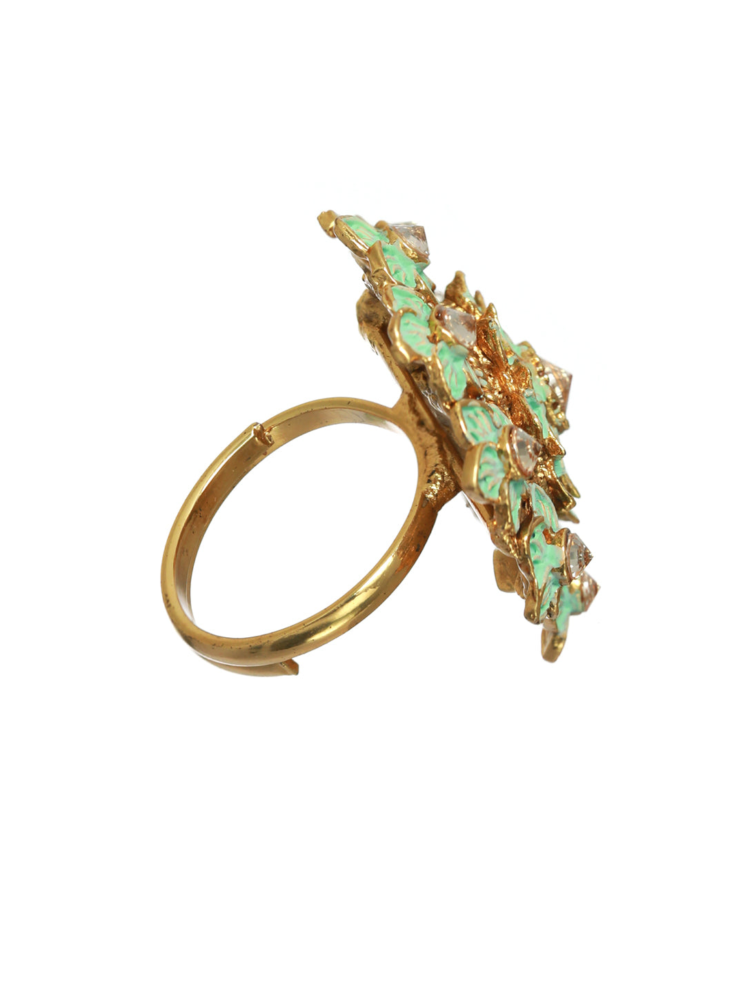 Gold-Plated Turquoise Blue & White AD-Studded Handcrafted Adjustable Finger Ring - Jazzandsizzle