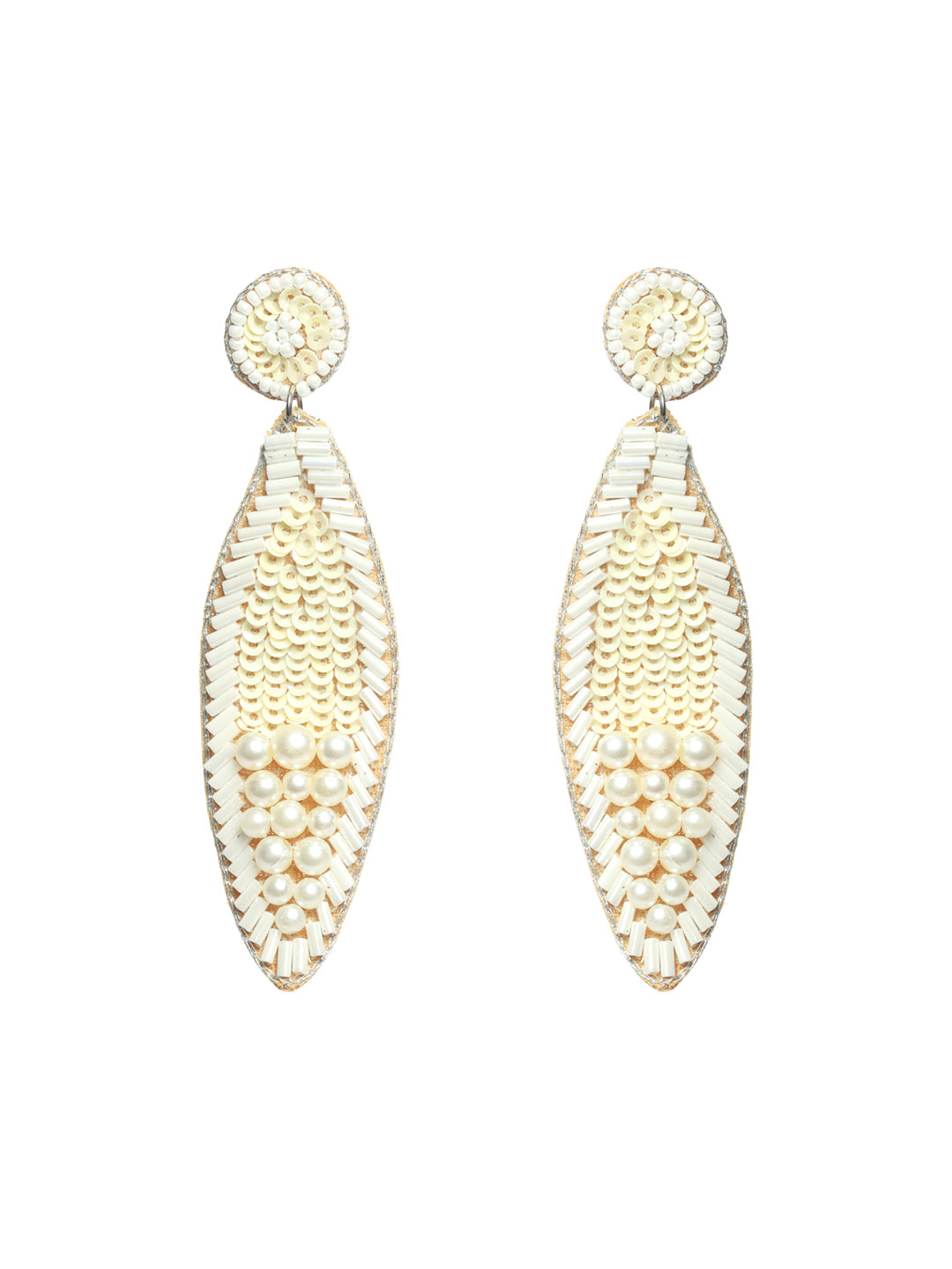 White & Gold-Toned Teardrop Handcrafted Beaded & Pearl Work Drop Earrings - Jazzandsizzle