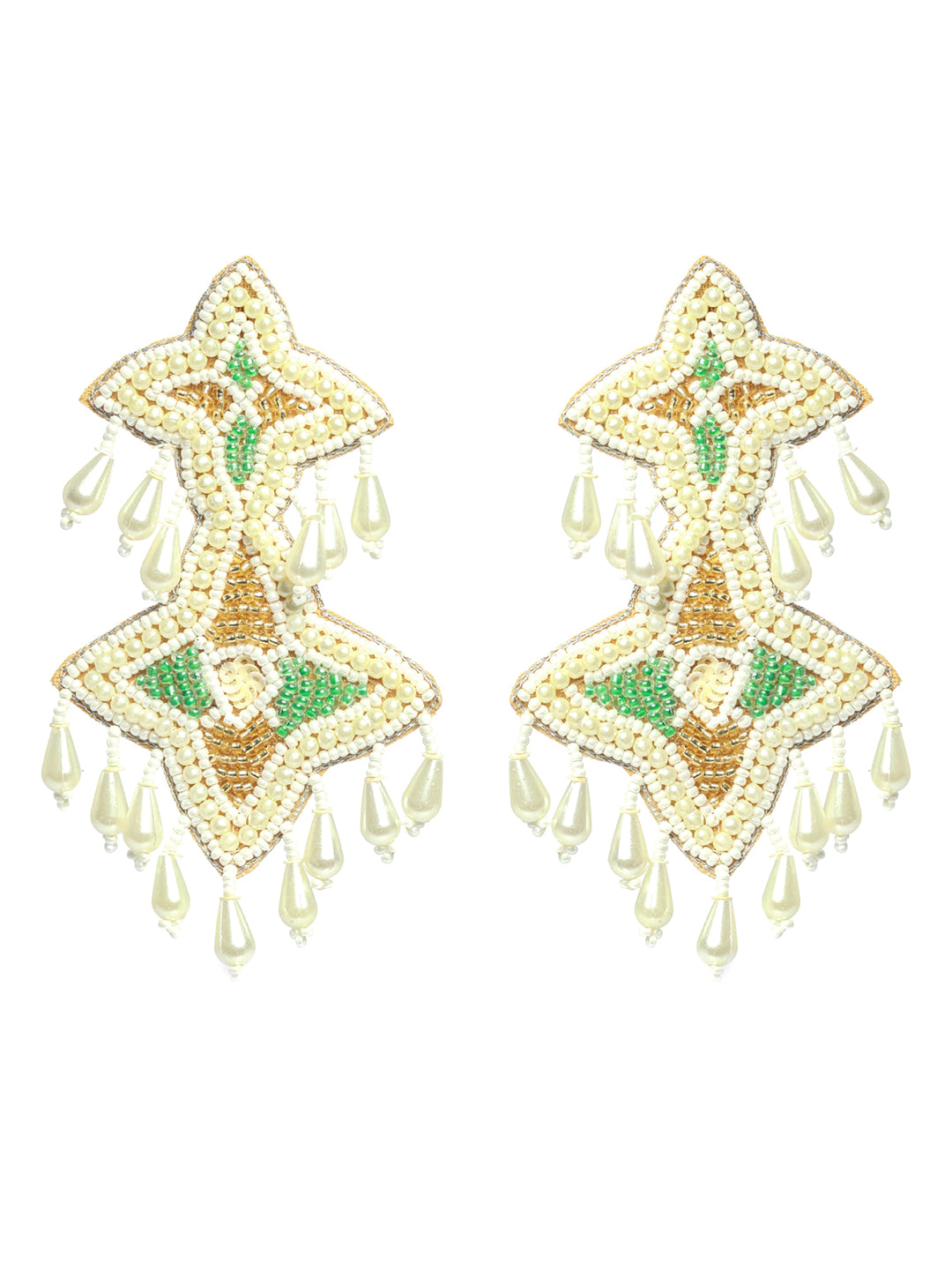 White Handwoven Beads & Green & Gold Studded Handcrafted Contemporary Drop Earrings - Jazzandsizzle
