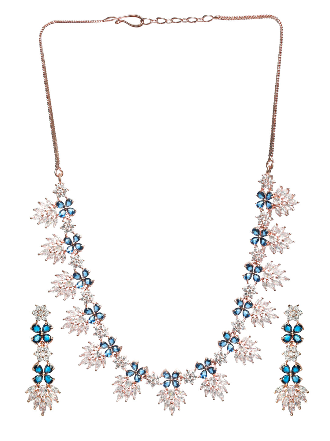Rose Gold-Plated Blue & white Ameriacna Diamond & CZ-Studded Floral Jewellery Set - Jazzandsizzle