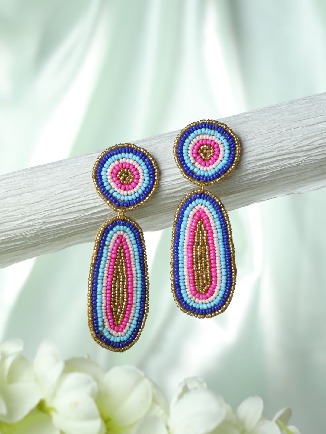 Multicolored & Gold-Toned Teardrop Handcrafted Beaded Work Drop Earrings - Jazzandsizzle