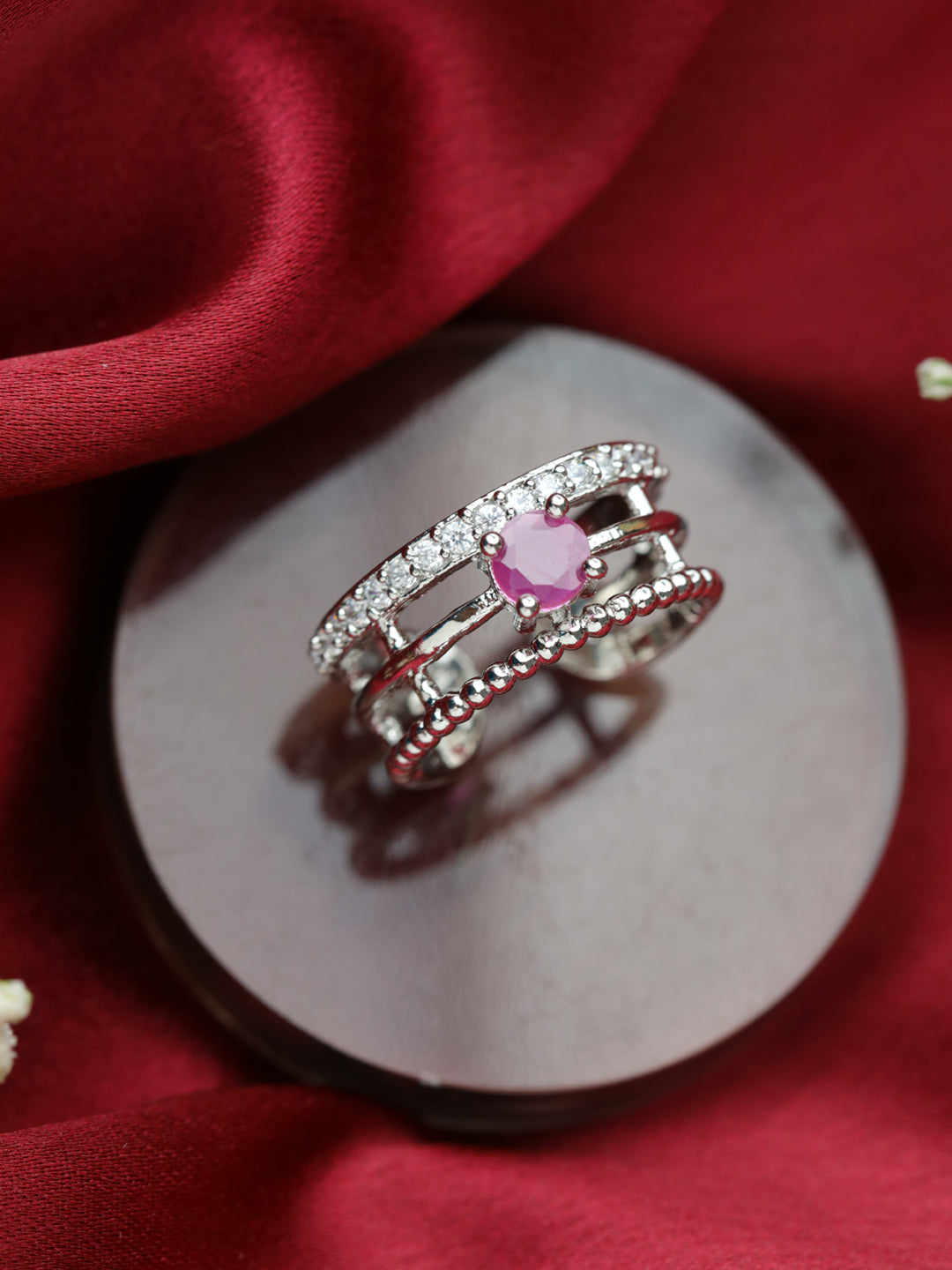 Pink Silver-Plated AD-Studded Handcrafted Adjustable Finger Ring - Jazzandsizzle
