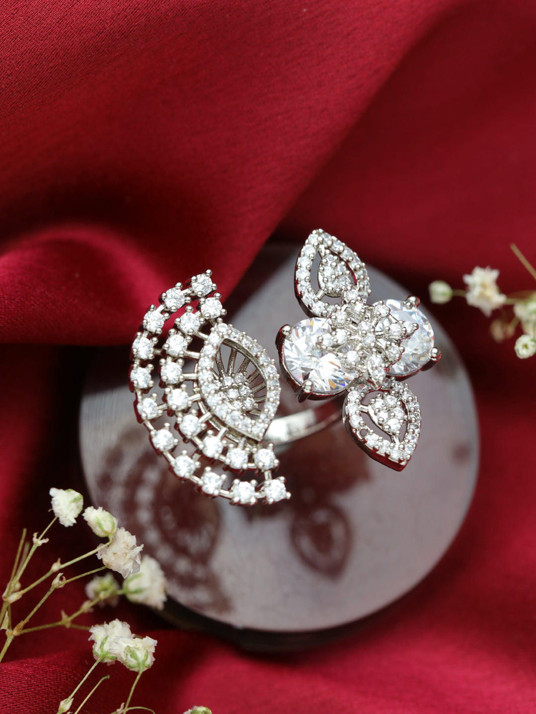 Silver Plated CZ studded Floral Shaped Adjustable Ring - Jazzandsizzle