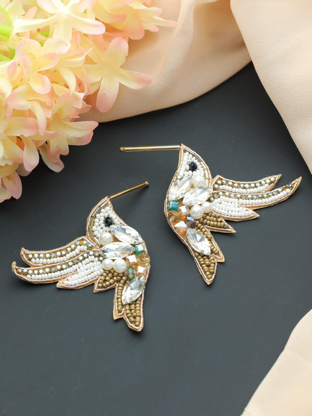 Gold Toned Beads & White Crystals Studded Contemporary Bird shaped Earrings - Jazzandsizzle
