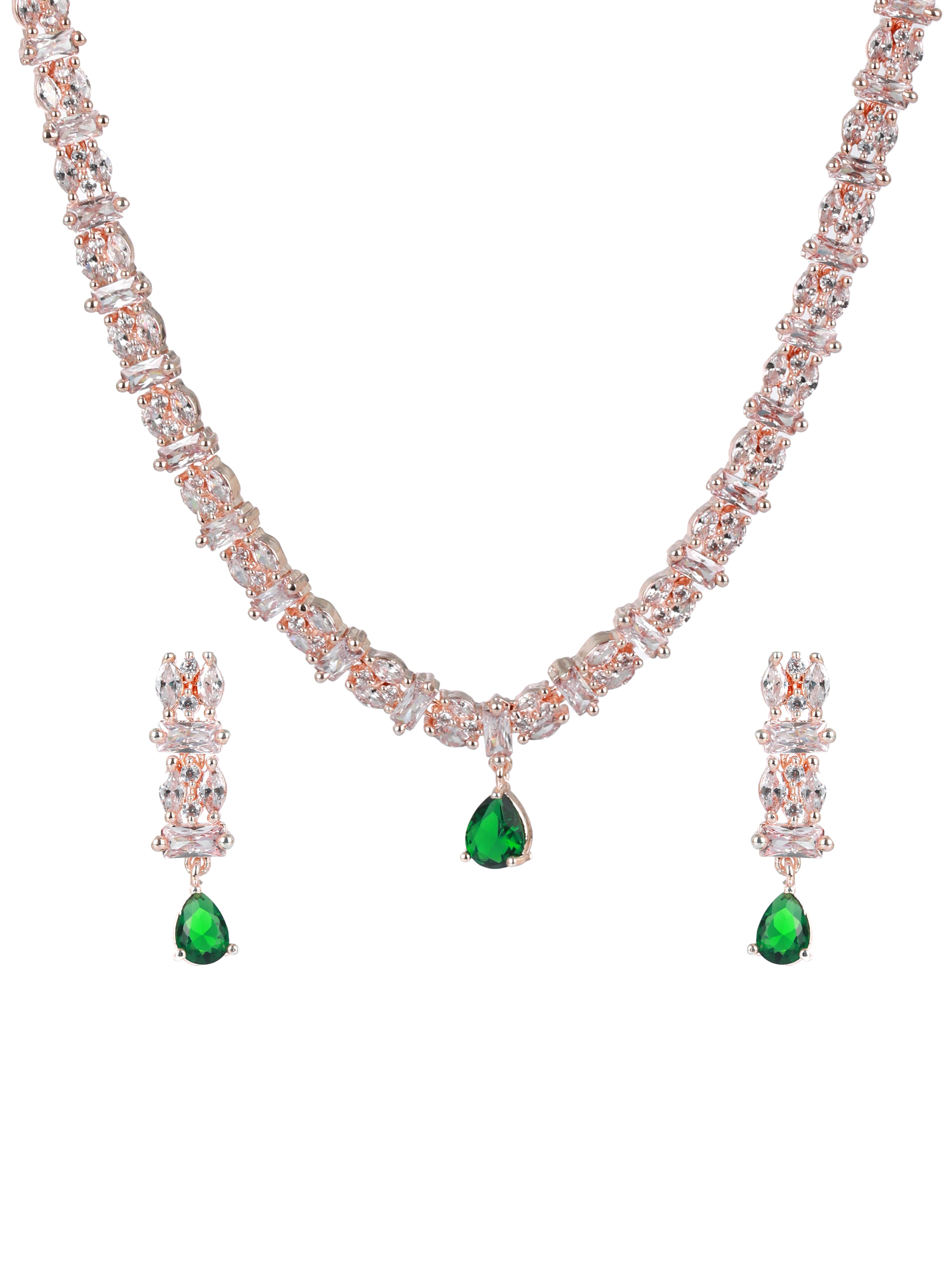 Rose Gold-Plated Green American Diamond & CZ-Studded Jewellery Set - Jazzandsizzle