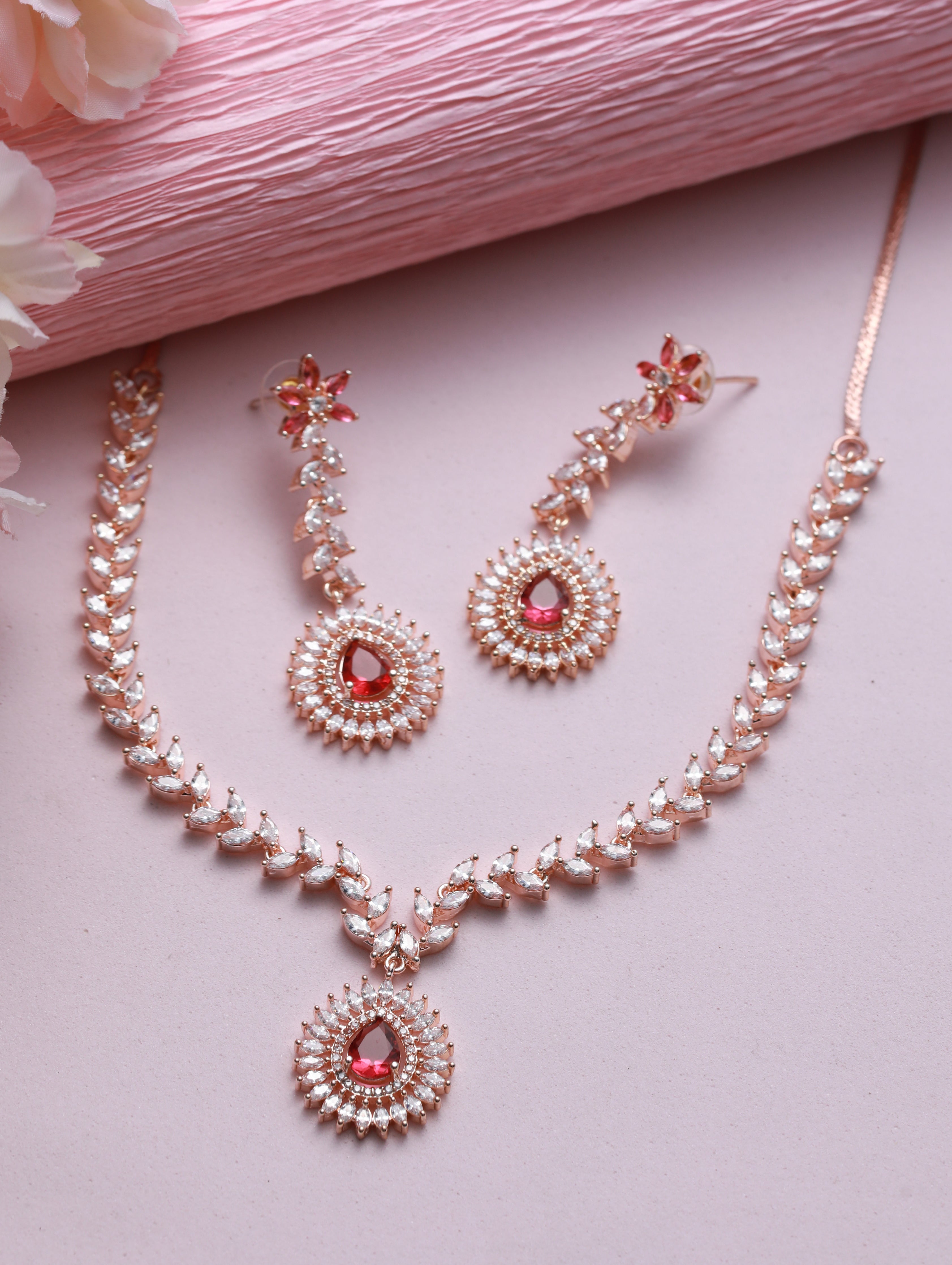 Rose Gold-Plated Red American Diamond & CZ Studded Handcrafted Jewellery Set - Jazzandsizzle