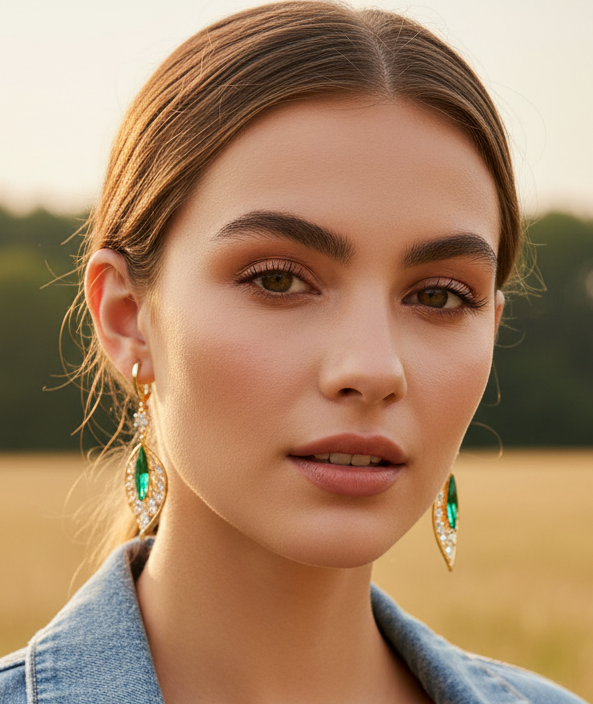 Jazz And Sizzle Gold Plated Green &amp; clear Stone Leaf-knot Design Hoop Earrings for Women