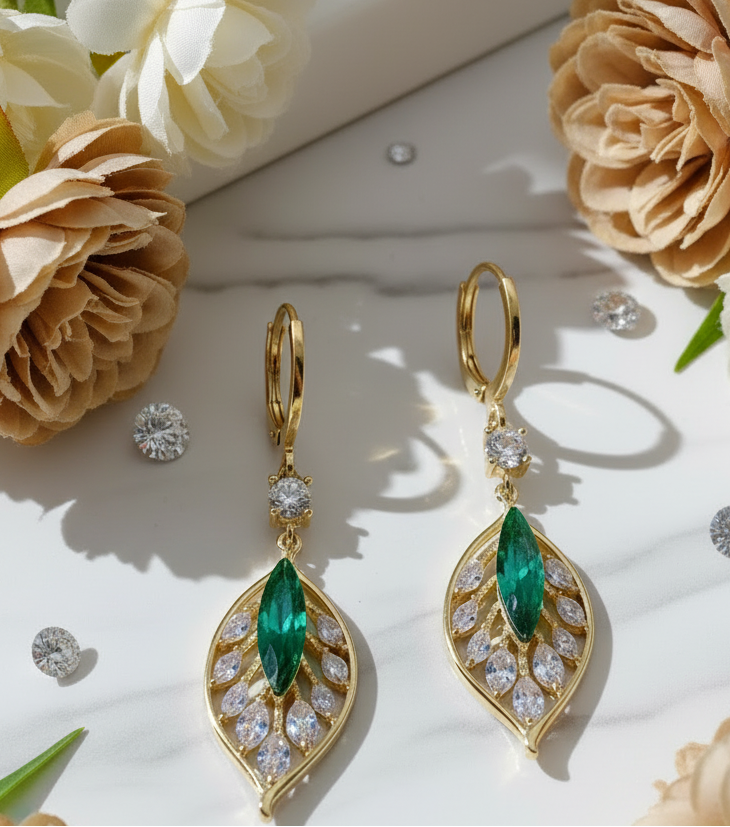 Jazz And Sizzle Gold Plated Green &amp; clear Stone Leaf-knot Design Hoop Earrings for Women