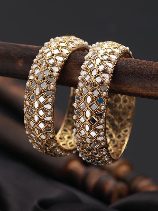 Set Of 2 Gold-Plated Kundan & Pearl Studded Bangles - Jazzandsizzle